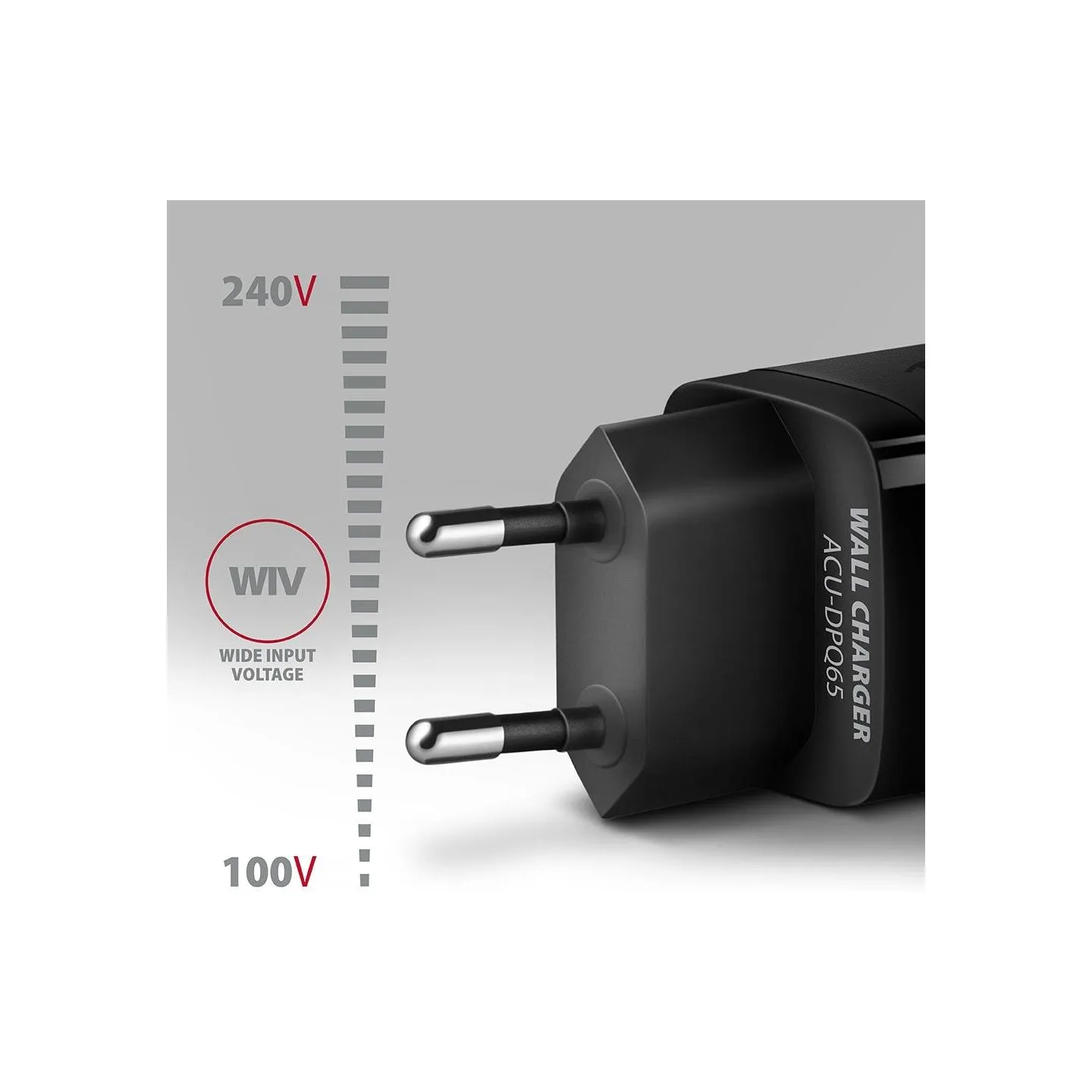 Axagon GaN wallcharger <240V / 3x port (USB + dual USB-C), PD3.0/QC4+/PPS/Apple. 65W total power.