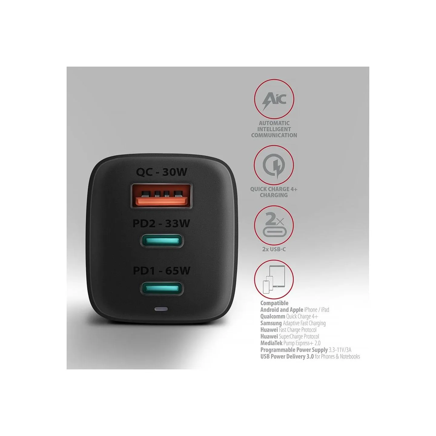 Axagon ACU-DPQ65 GAN WA ll charger, 3x port USB