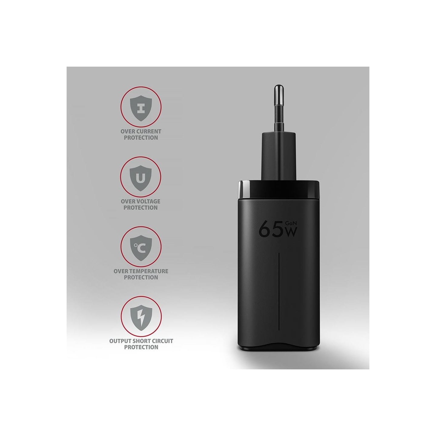 Axagon GaN wallcharger <240V / 3x port (USB + dual USB-C), PD3.0/QC4+/PPS/Apple. 65W total power.