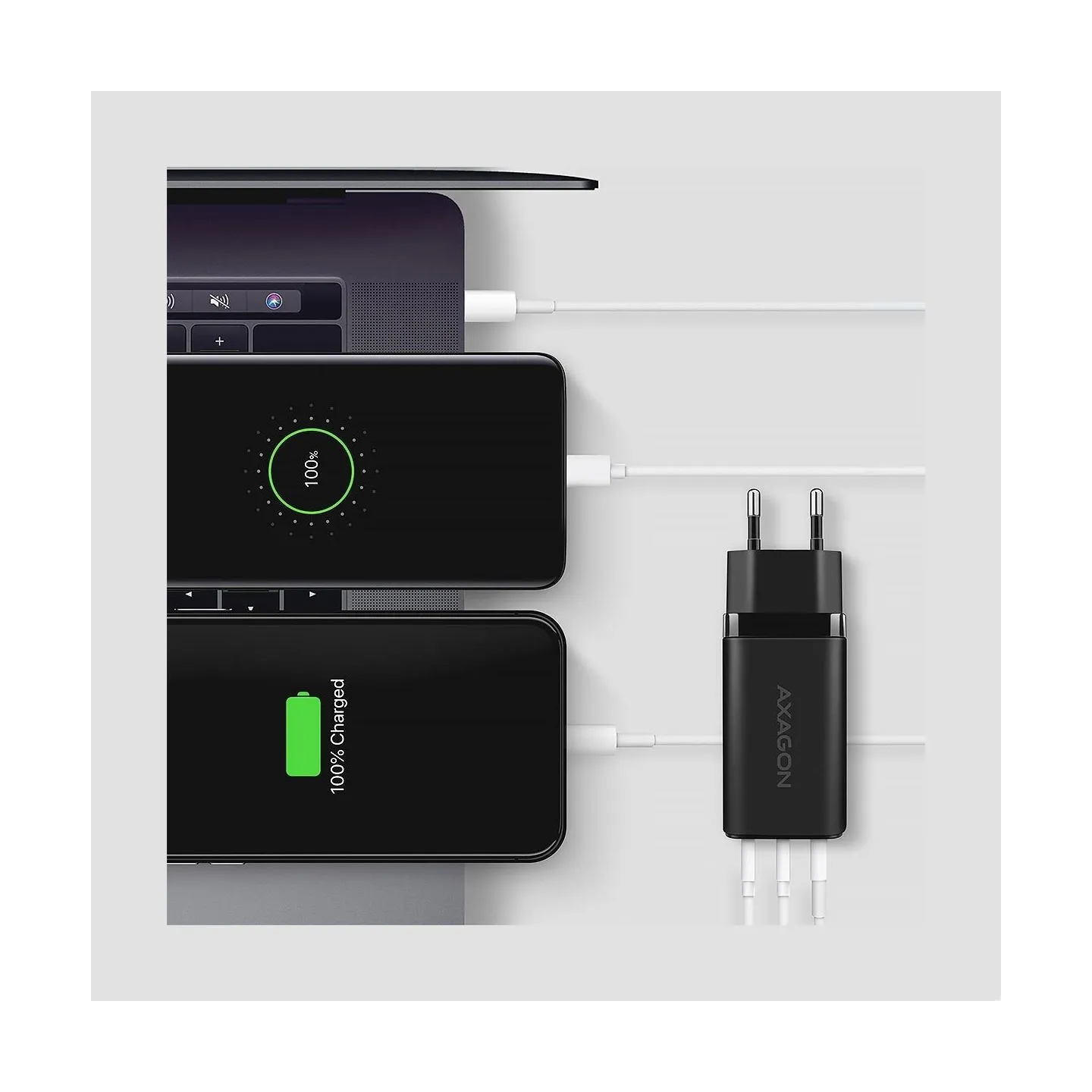 Axagon GaN wallcharger <240V / 3x port (USB + dual USB-C), PD3.0/QC4+/PPS/Apple. 65W total power.