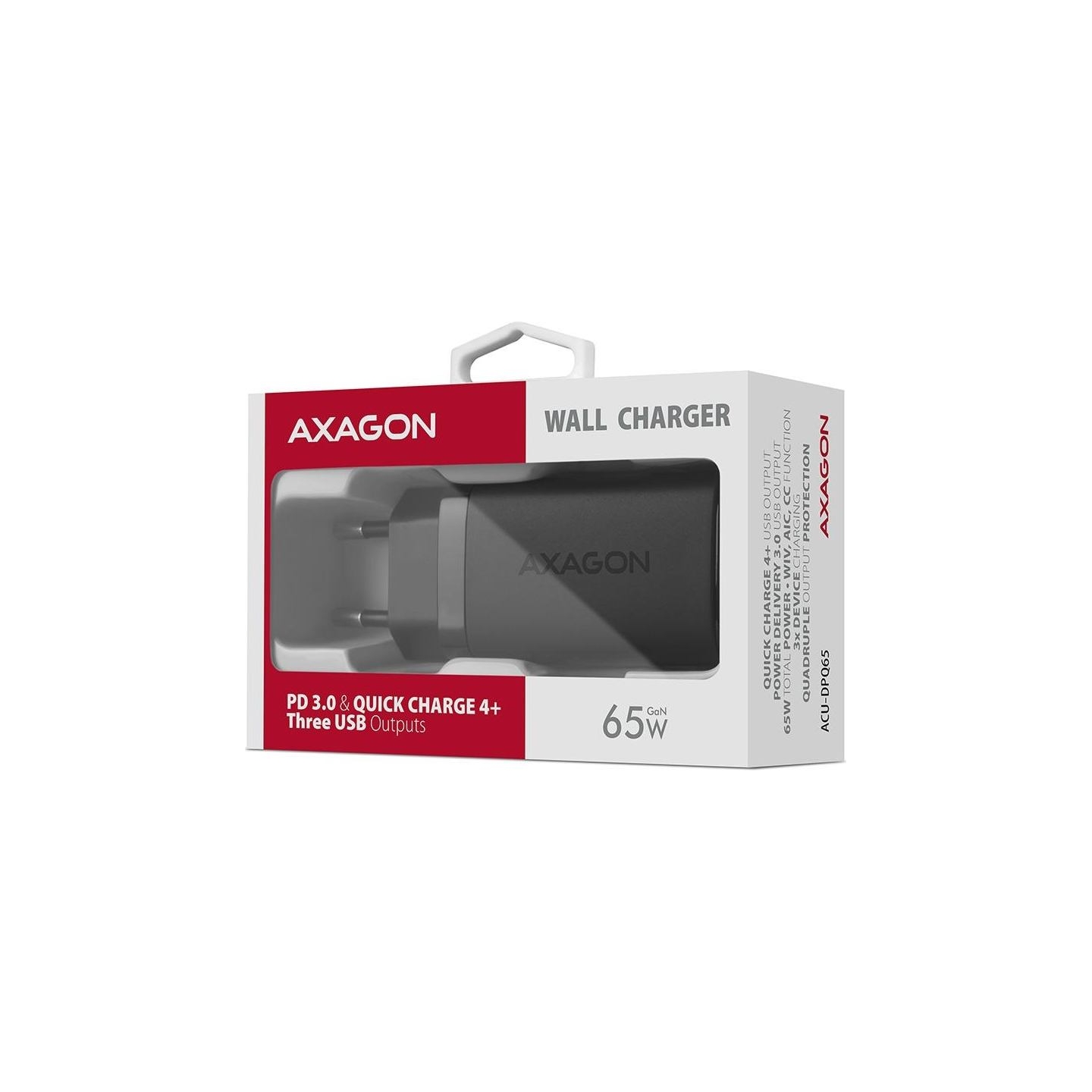 Axagon GaN wallcharger <240V / 3x port (USB + dual USB-C), PD3.0/QC4+/PPS/Apple. 65W total power.