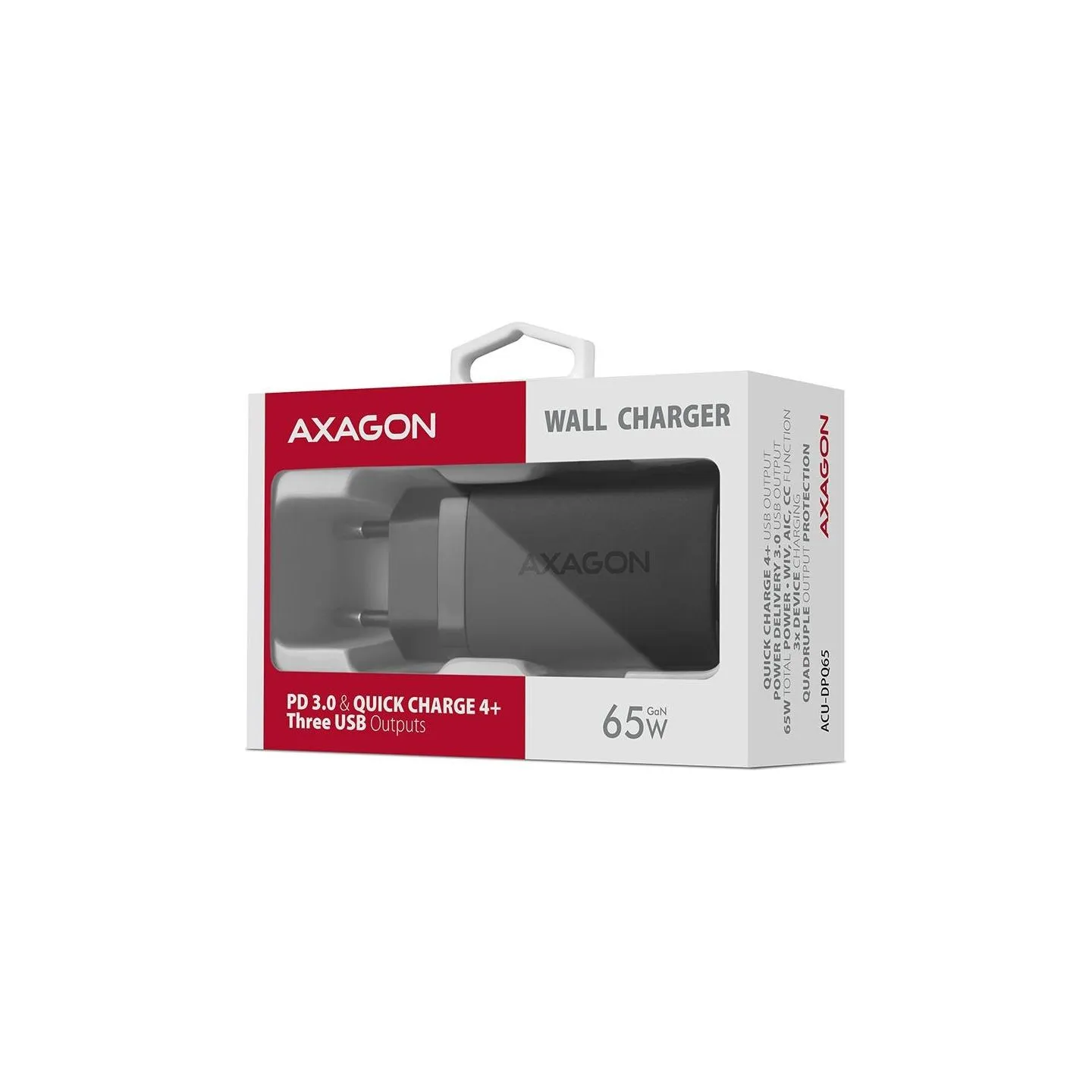 Axagon GaN wallcharger <240V / 3x port (USB + dual USB-C), PD3.0/QC4+/PPS/Apple. 65W total power.