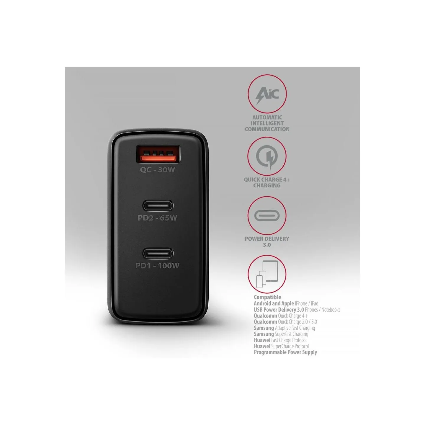 Axagon ACU-DPQ100 GaN 3xport wall charger 100W black