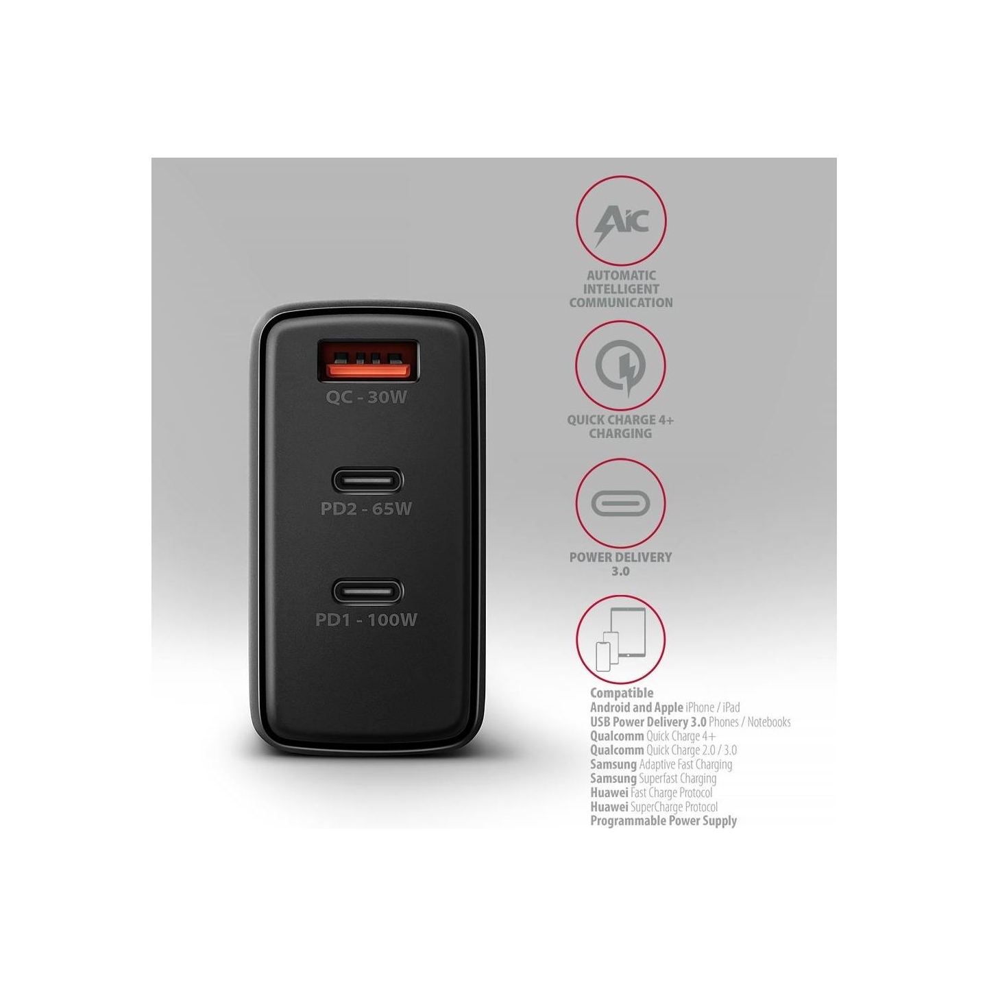 Axagon ACU-DPQ100 GaN Wall charger, 3x port (USB + dual USB-C), PD3.0/QC4+/PPS/Apple, 100W, black