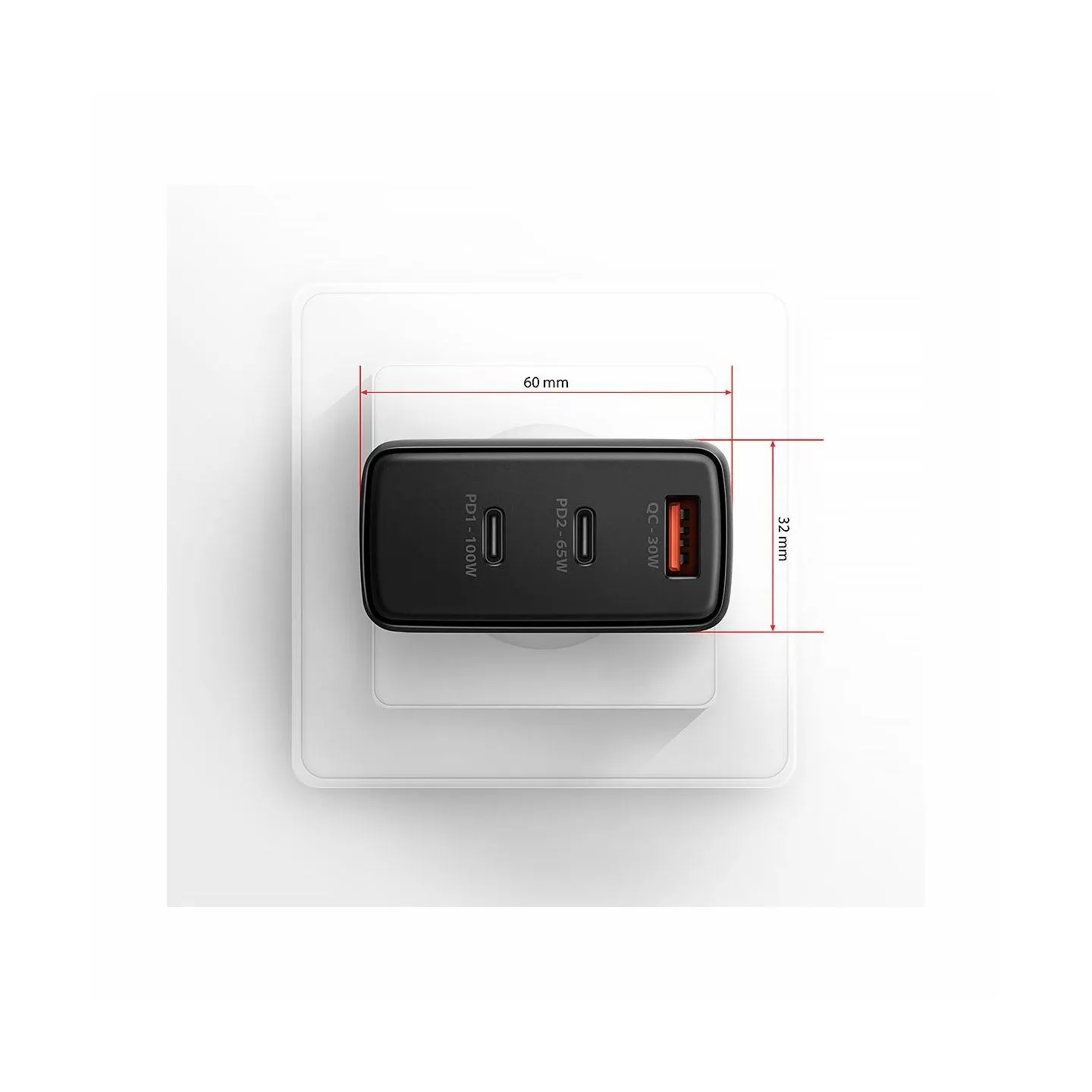 Axagon ACU-DPQ100 GaN Wall charger, 3x port (USB + dual USB-C), PD3.0/QC4+/PPS/Apple, 100W, black