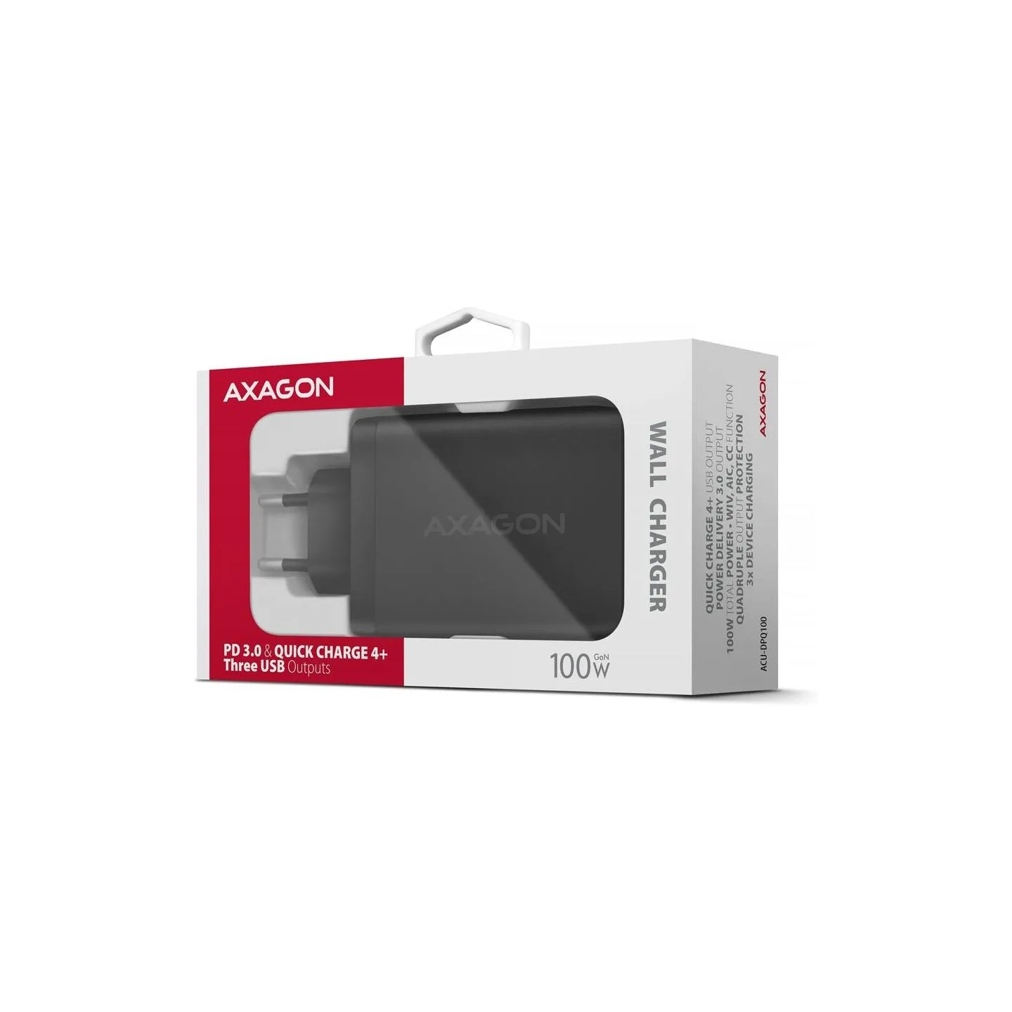 Axagon ACU-DPQ100 GaN Wall charger, 3x port (USB + dual USB-C), PD3.0/QC4+/PPS/Apple, 100W, black