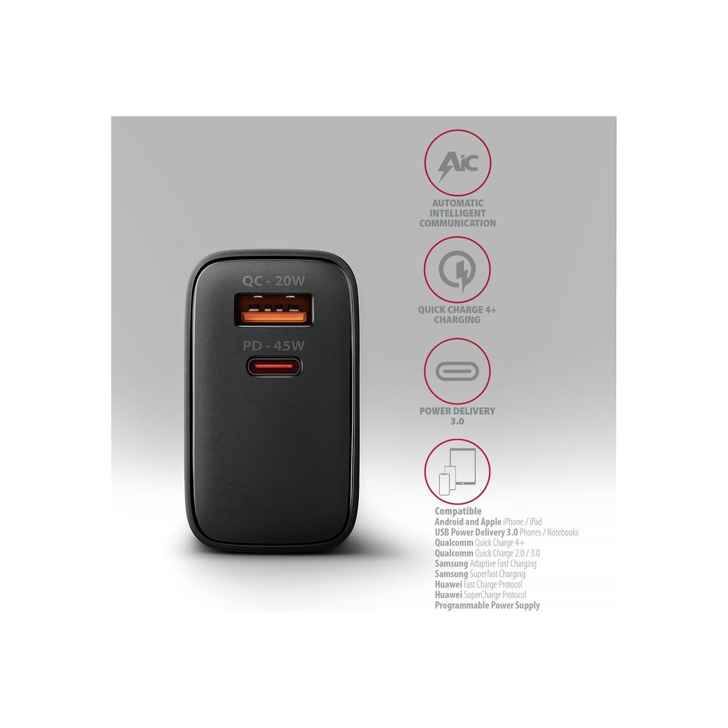 Axagon ACU-PQ45 wall charger QC3.0,4.0/AFC/FCP/PPS/Apple + PD type-C, 45W, black