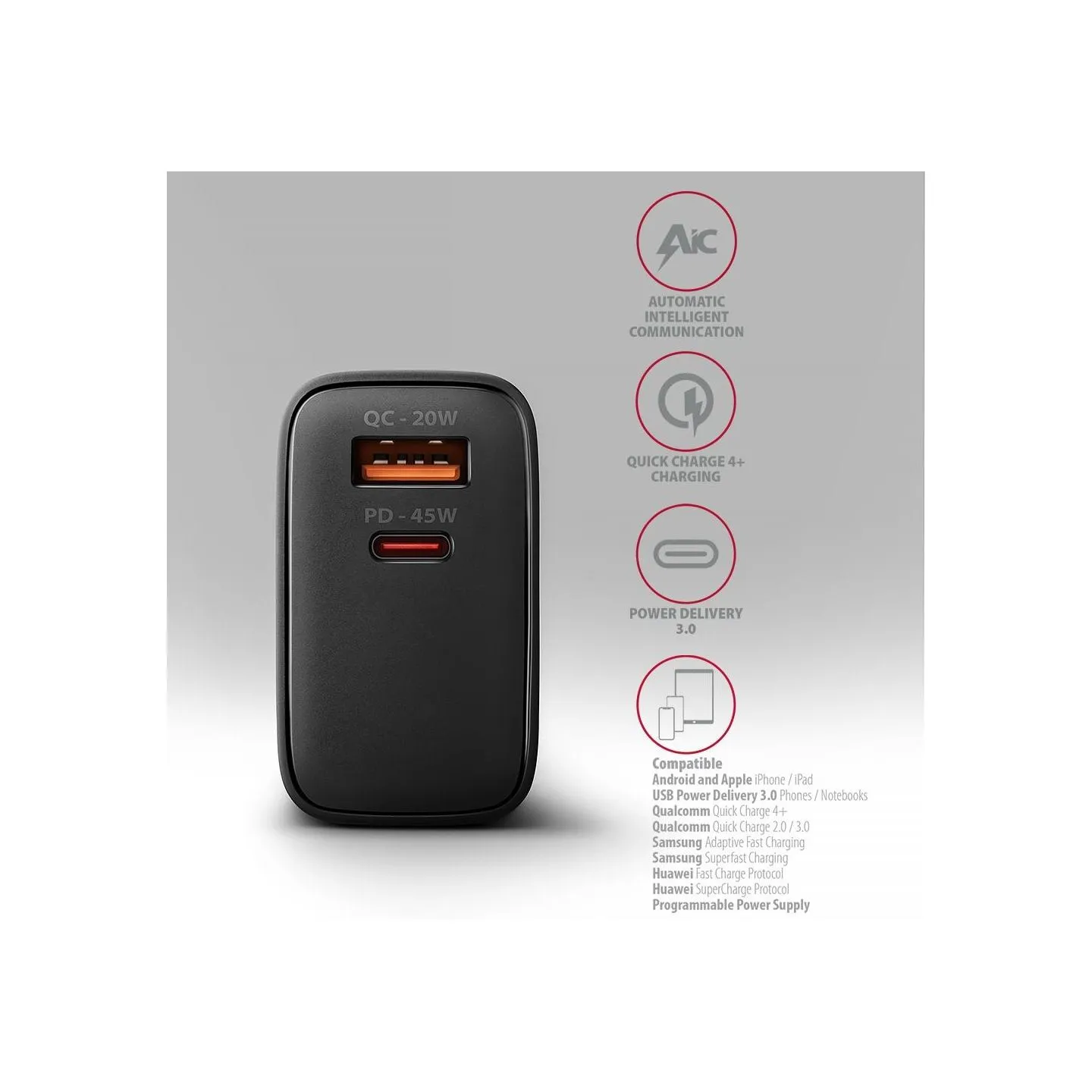 Axagon ACU-PQ45 wall charger QC3.0,4.0/AFC/FCP/PPS/Apple + PD type-C, 45W, black