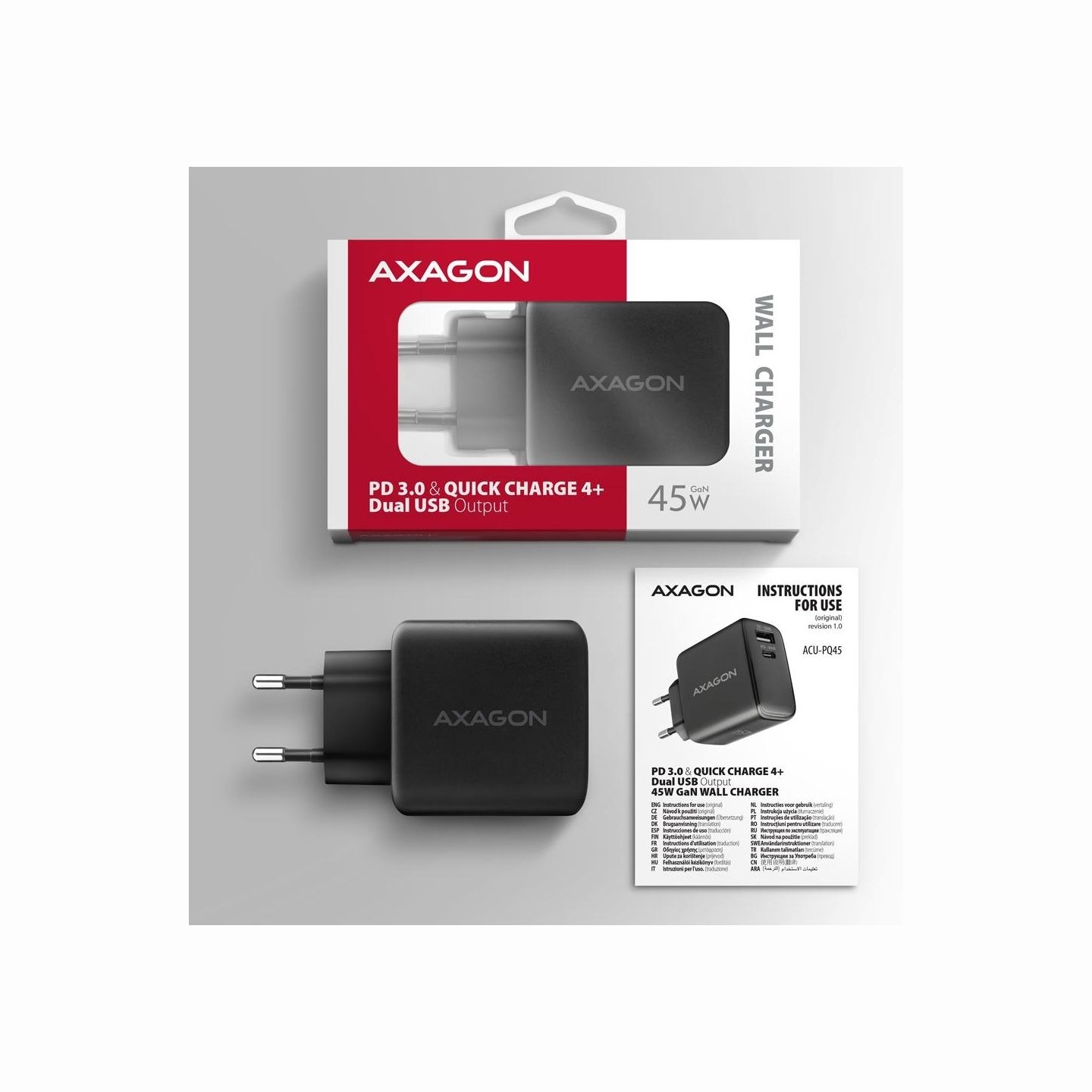 Axagon ACU-PQ45 wall charger QC3.0,4.0/AFC/FCP/PPS/Apple + PD type-C, 45W, black