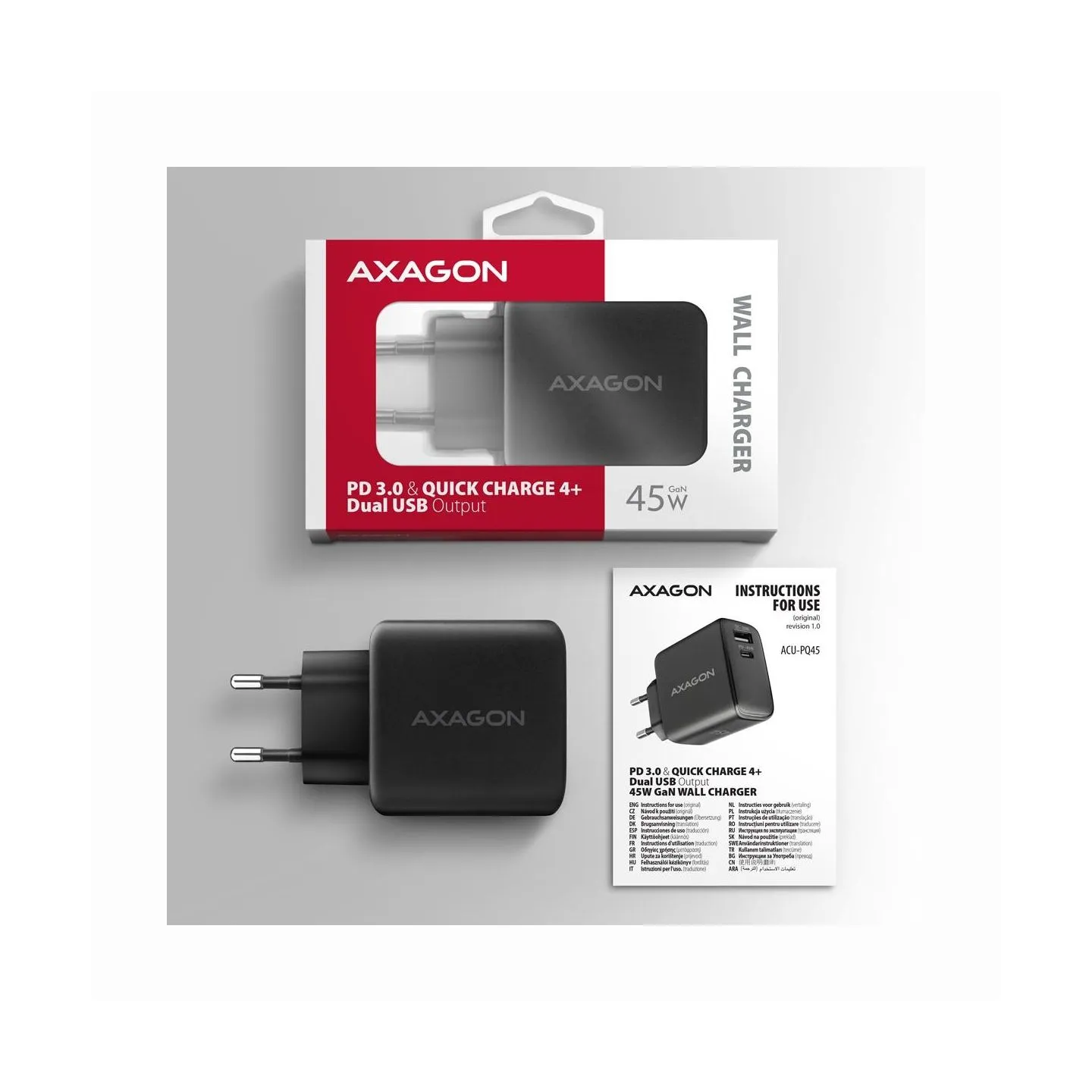 Axagon ACU-PQ45 wall charger QC3.0,4.0/AFC/FCP/PPS/Apple + PD type-C, 45W, black