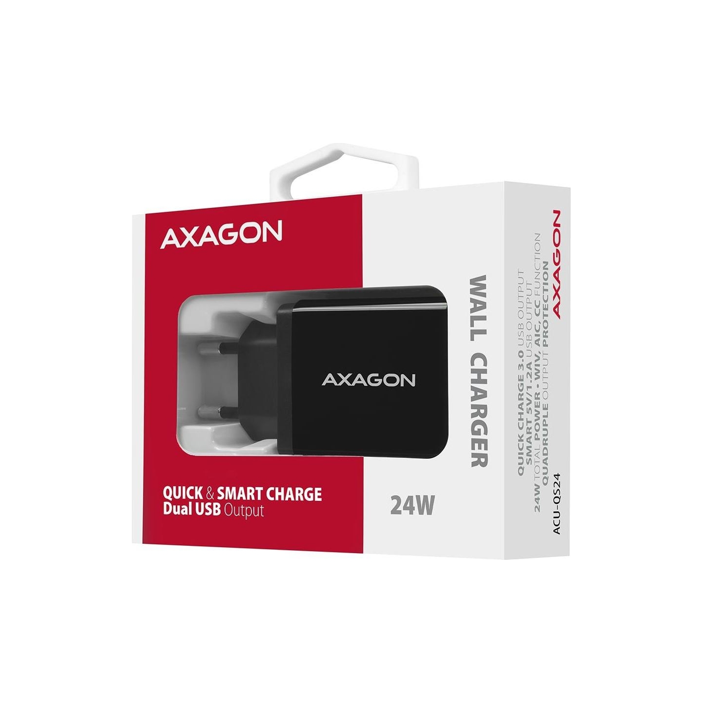 Axagon Dual wallcharger <240V / 2x USB port QC3.0/AFC/FCP + 5V-1.2A. 24W total power.