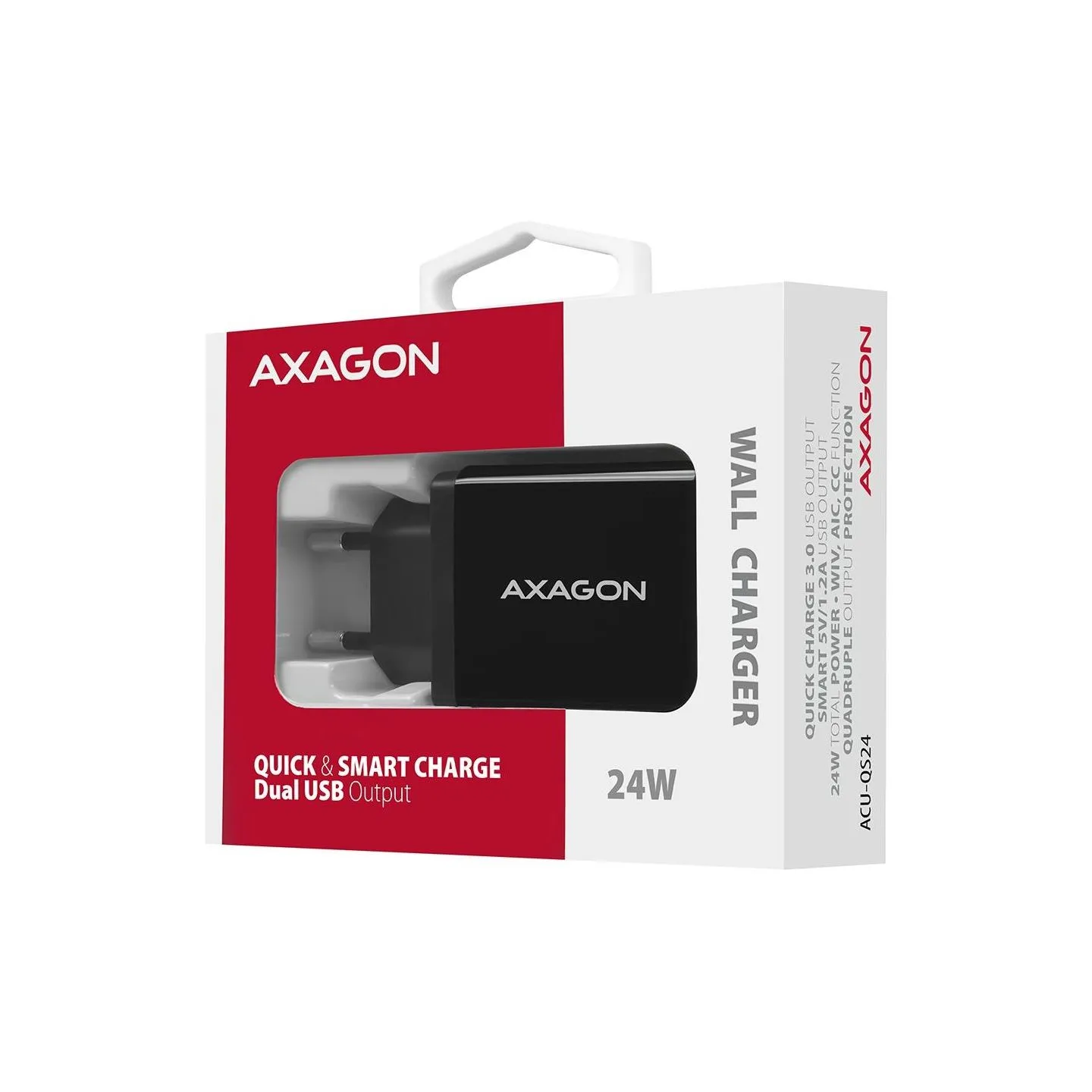 Axagon Dual wallcharger <240V / 2x USB port QC3.0/AFC/FCP + 5V-1.2A. 24W total power.