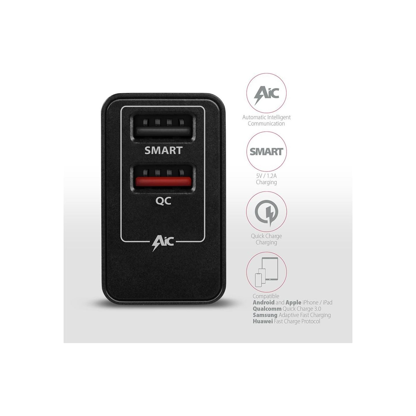 Axagon Dual wallcharger <240V / 2x USB port QC3.0/AFC/FCP + 5V-1.2A. 24W total power.