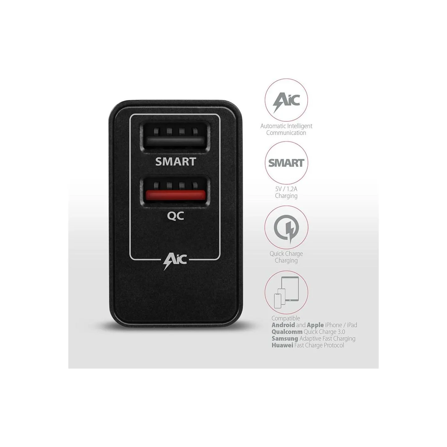 Axagon Dual wallcharger <240V / 2x USB port QC3.0/AFC/FCP + 5V-1.2A. 24W total power.