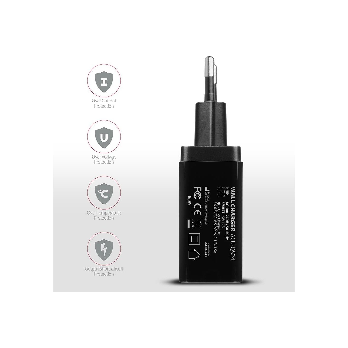 Axagon Dual wallcharger <240V / 2x USB port QC3.0/AFC/FCP + 5V-1.2A. 24W total power.