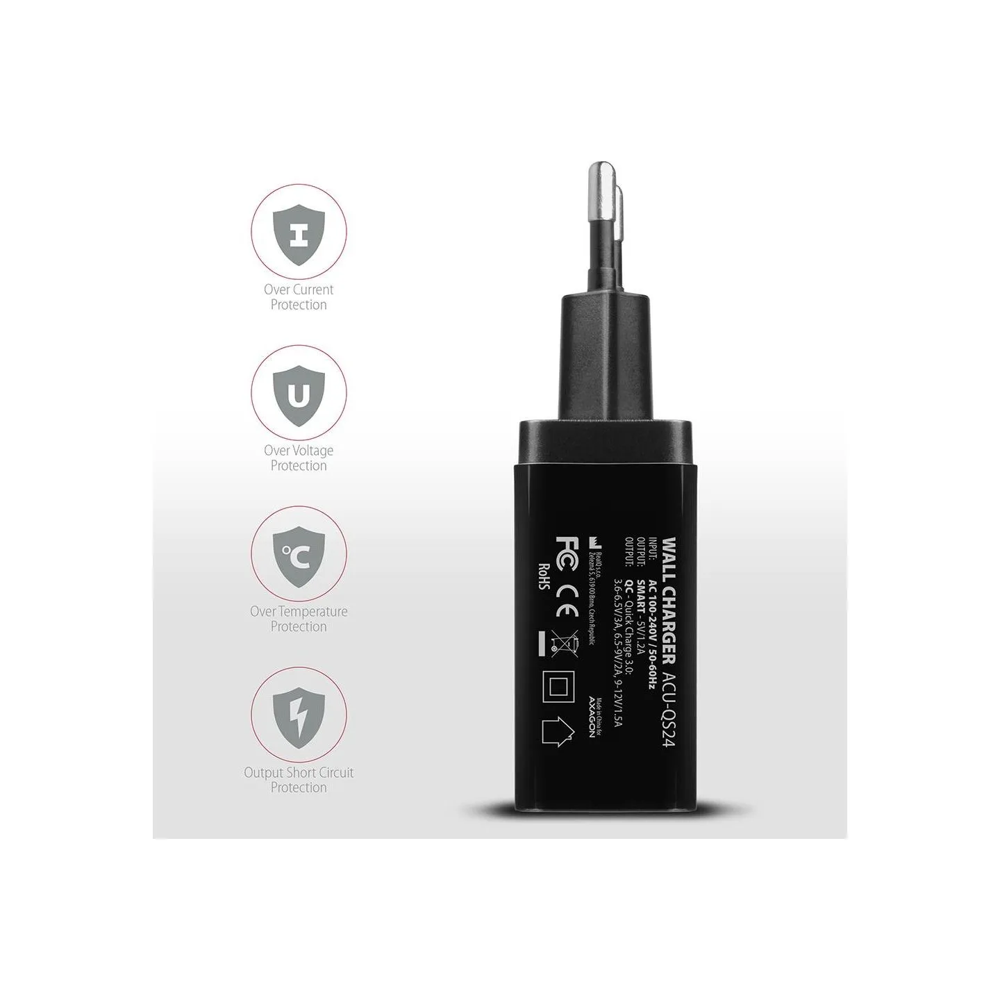 Axagon Dual wallcharger <240V / 2x USB port QC3.0/AFC/FCP + 5V-1.2A. 24W total power.