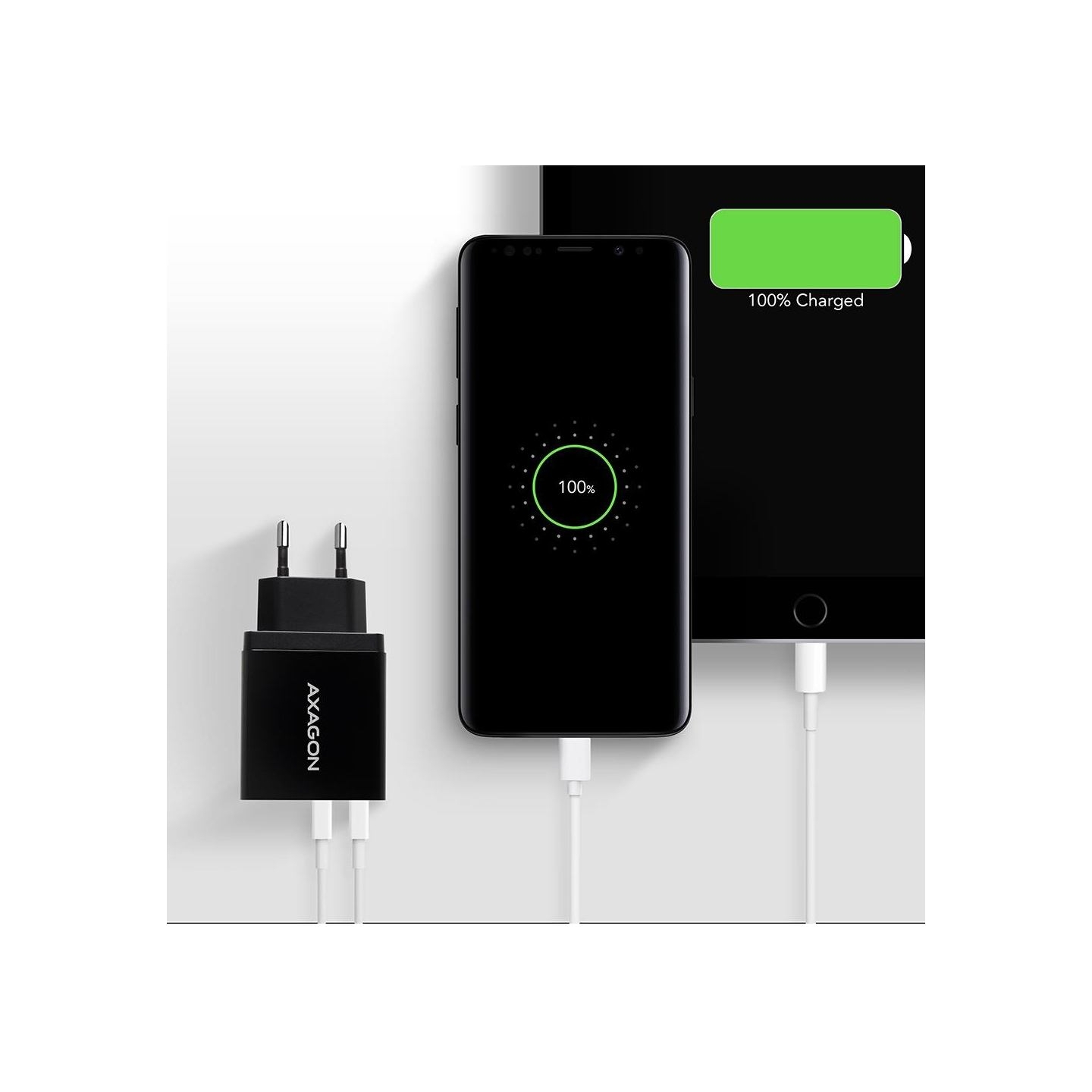 Axagon Dual wallcharger <240V / 2x USB port QC3.0/AFC/FCP + 5V-1.2A. 24W total power.