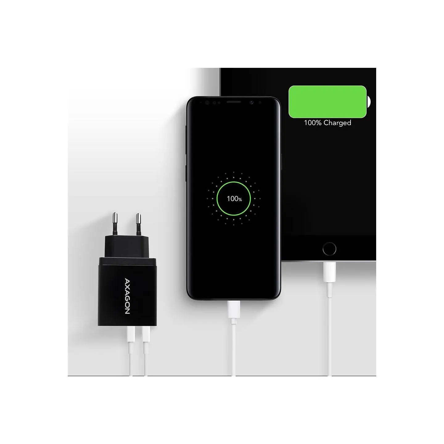 Axagon Dual wallcharger <240V / 2x USB port QC3.0/AFC/FCP + 5V-1.2A. 24W total power.