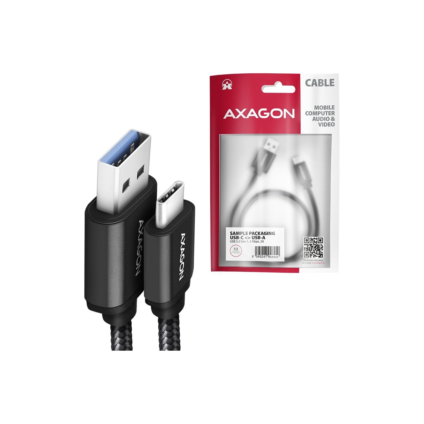 Axagon Data and charging USB 3.2 Gen1 cable lengh 2 m. 3A. Black braided.