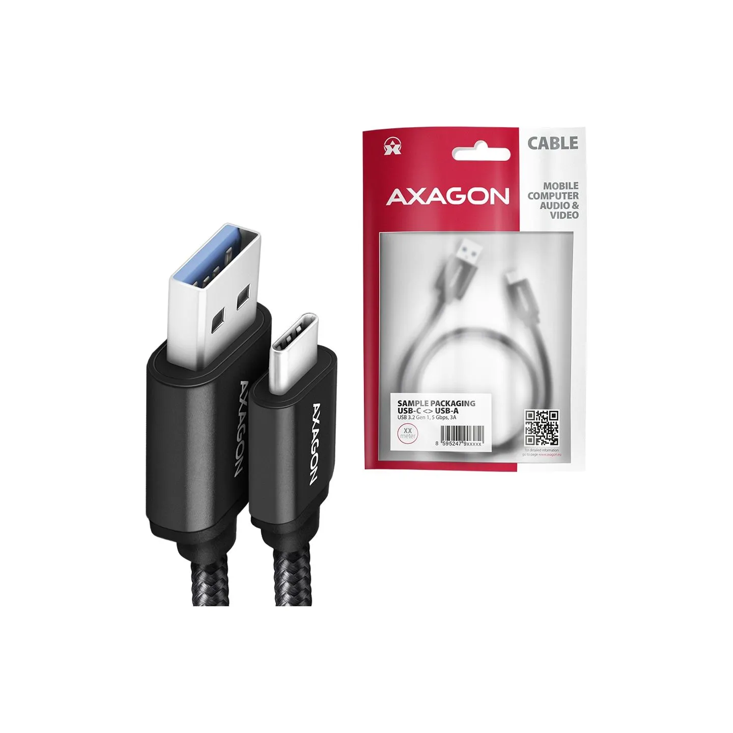 Axagon Data and charging USB 3.2 Gen1 cable lengh 2 m. 3A. Black braided.