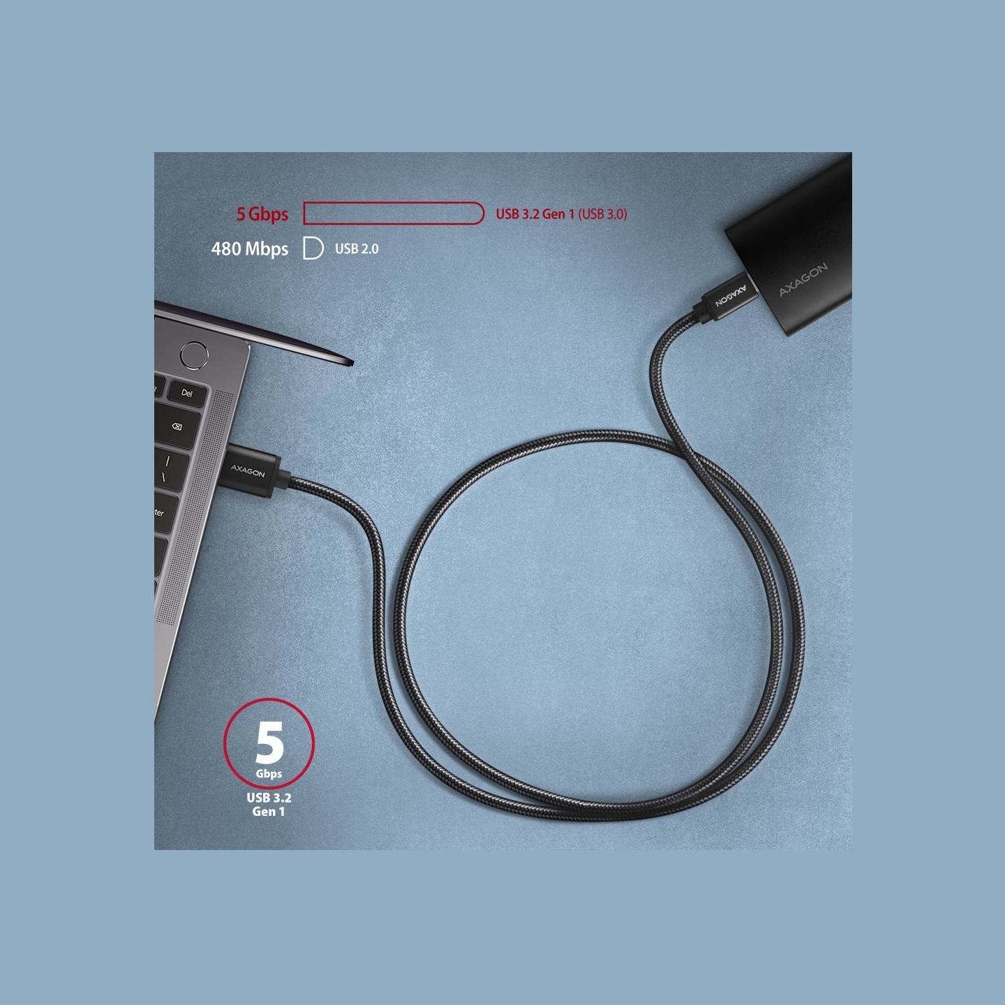 Axagon Data and charging USB 3.2 Gen 1 cable lengh 1 m. 3A. Black braided.