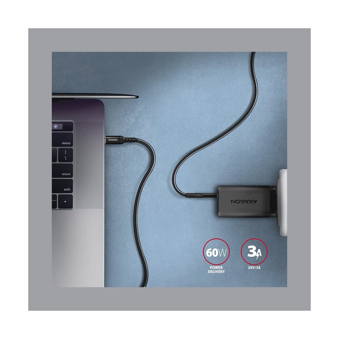 Axagon Data and charging USB 2.0 cable 1.5 m long. PD 60W, 3A. Black braided.