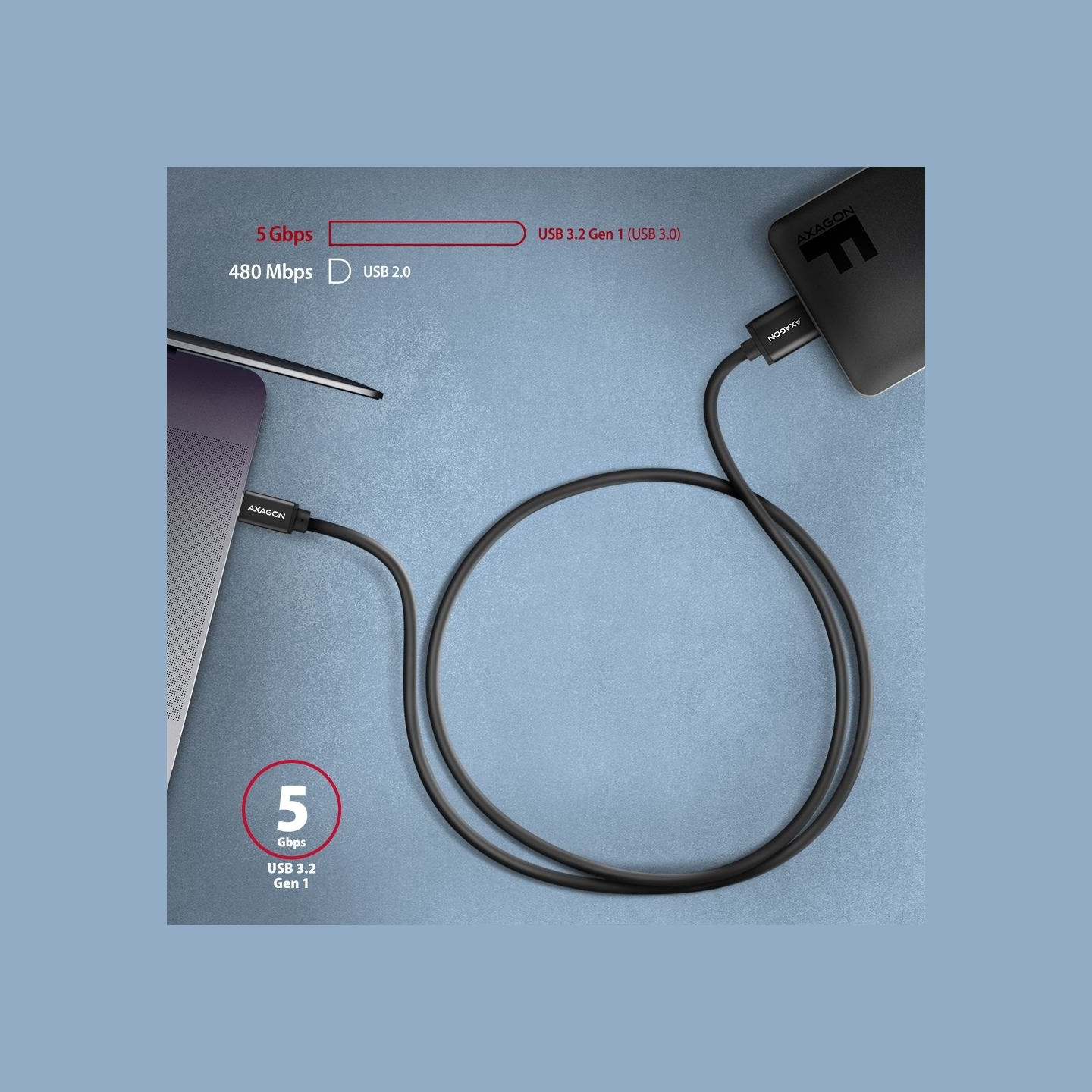 Axagon Data and power suply USB 3.2 Gen1 cable lengh 1 m. 3A. Black.