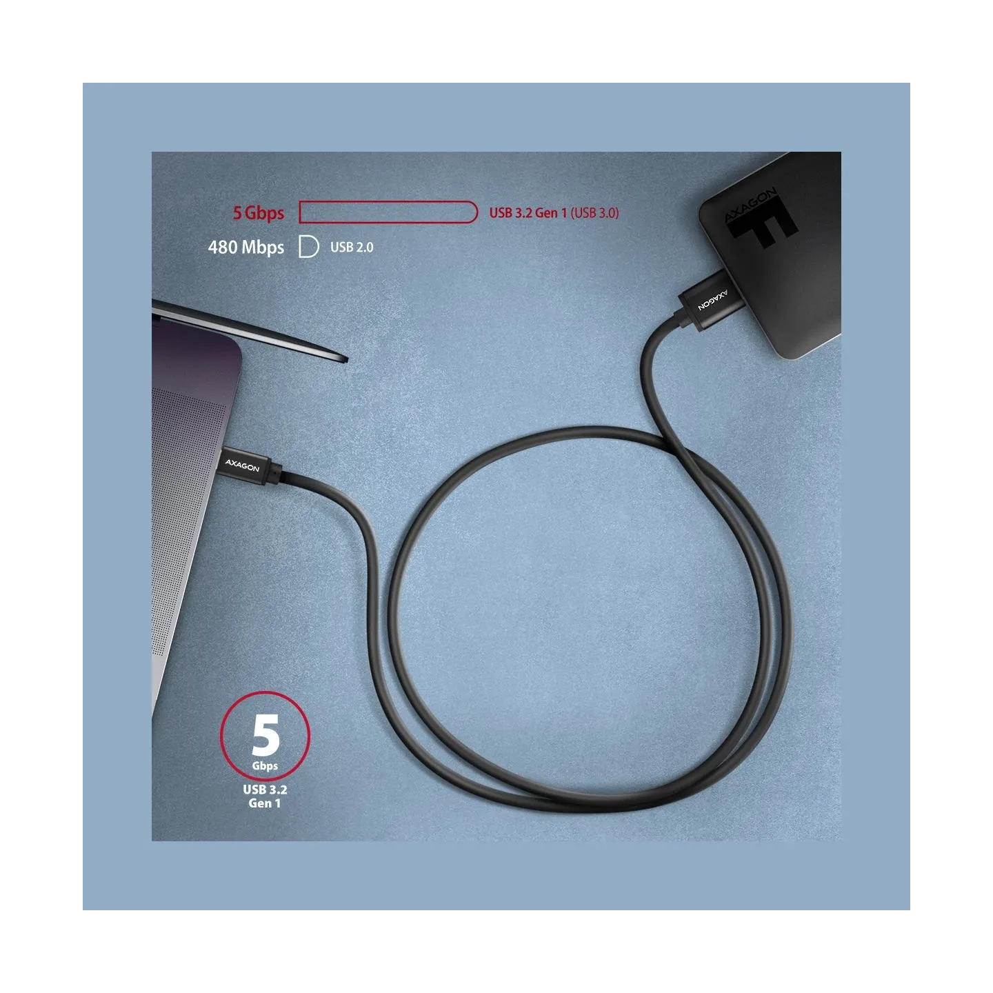 Axagon Data and power suply USB 3.2 Gen1 cable lengh 1 m. 3A. Black.