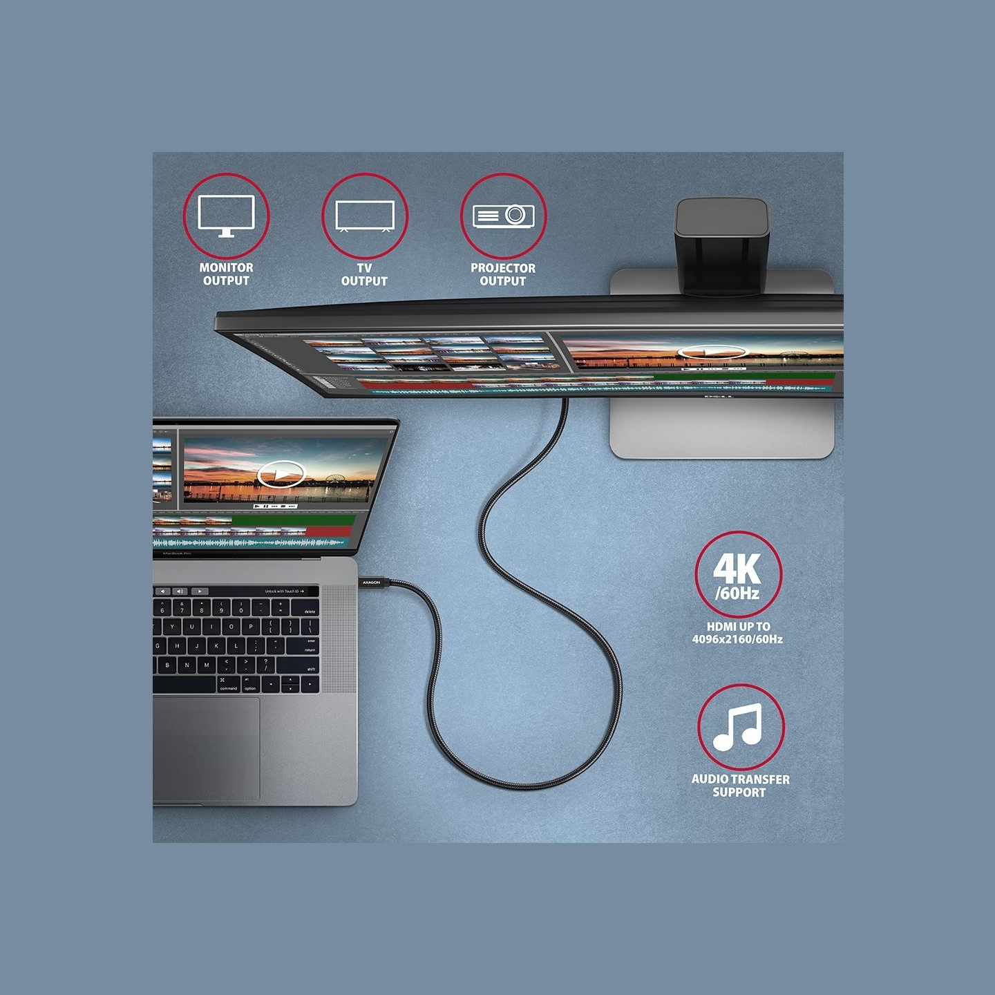 Axagon Data and charging USB 3.2 Gen 2 cable lengh 2 m. PD 100W, 5A, 4K HD video. Black braided.