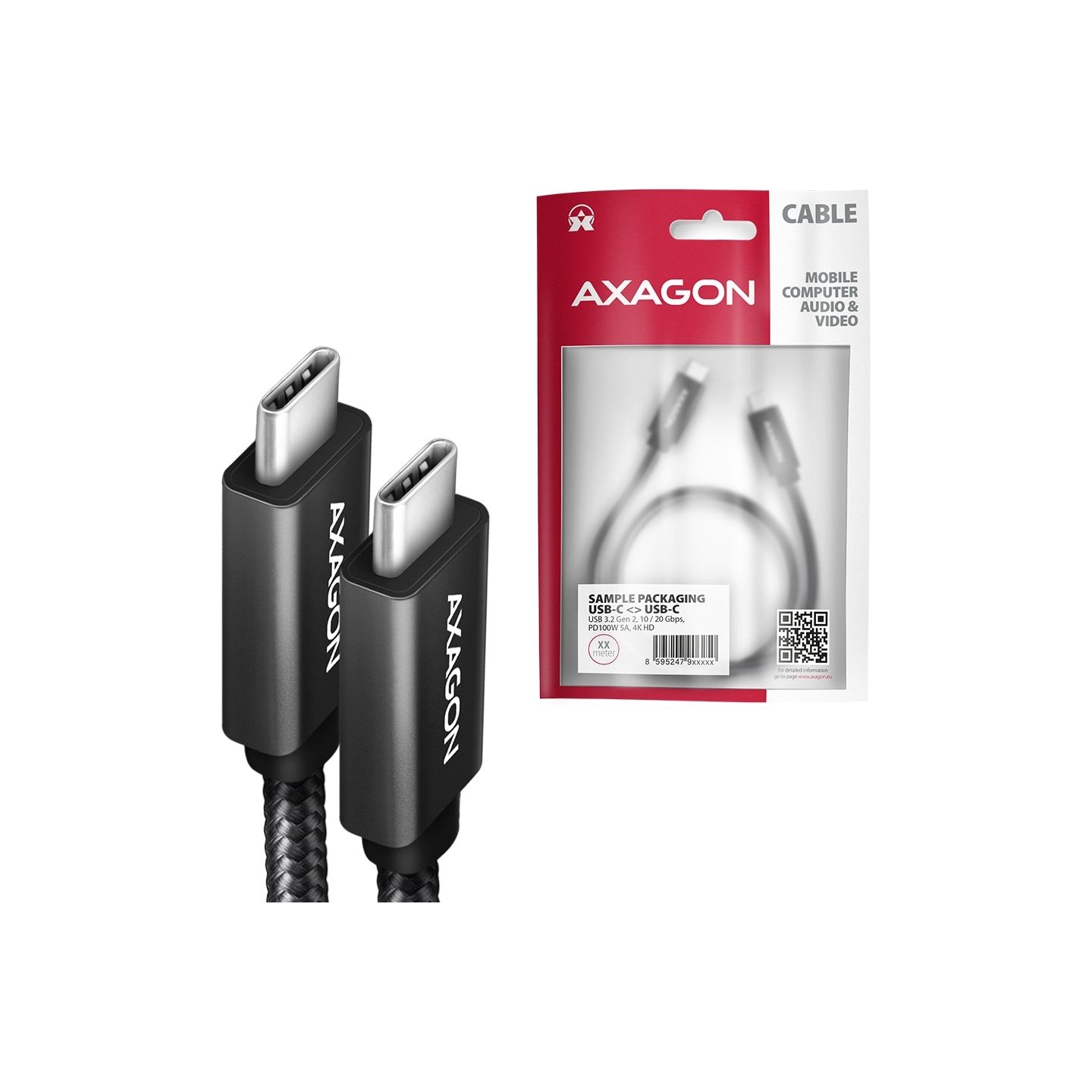 Axagon Data and charging USB 3.2 Gen 2 cable lengh 2 m. PD 100W, 5A, 4K HD video. Black braided.