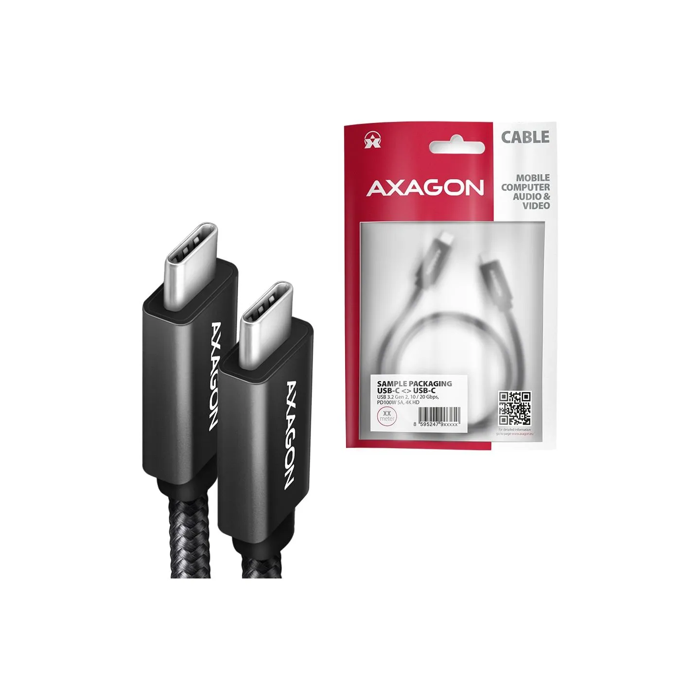 Axagon Data and charging USB 3.2 Gen 2 cable lengh 2 m. PD 100W, 5A, 4K HD video. Black braided.
