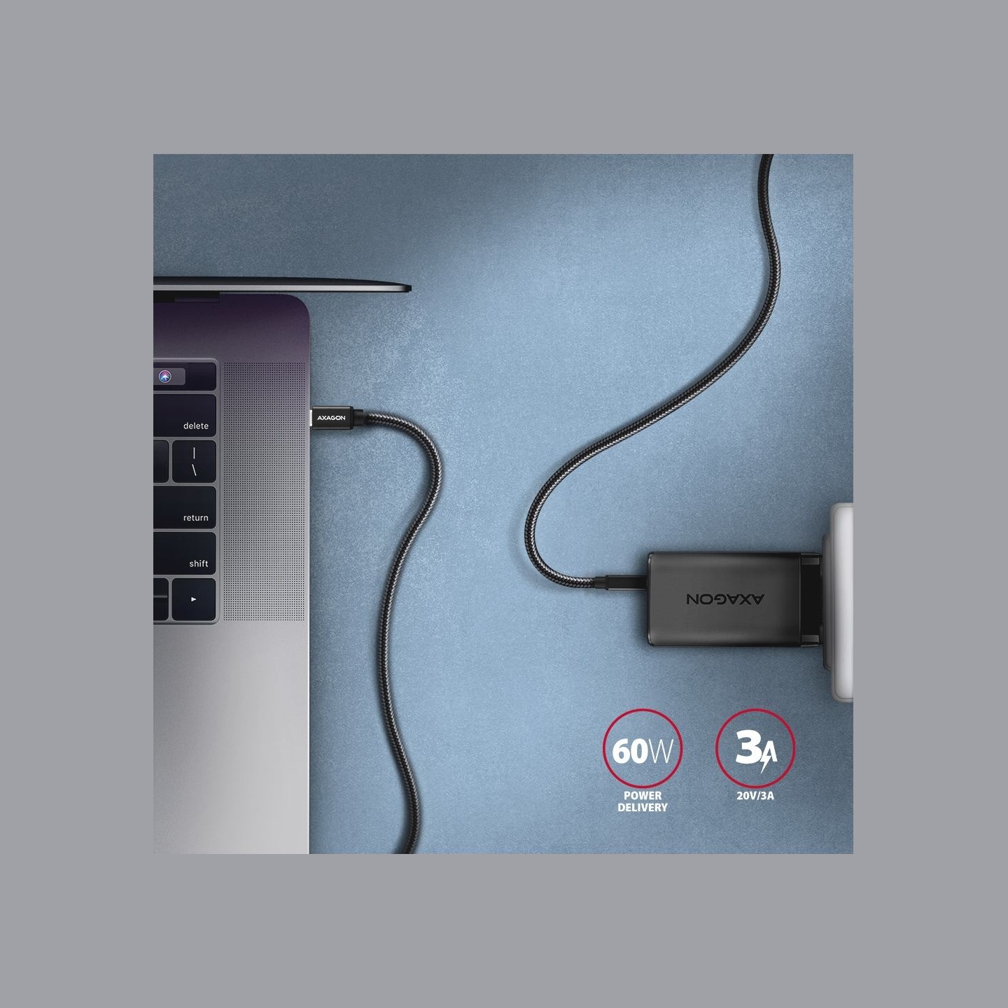 Axagon Data and charging USB 3.2 Gen 1 cable length 1 m. PD 60W, 3A. Black braided.