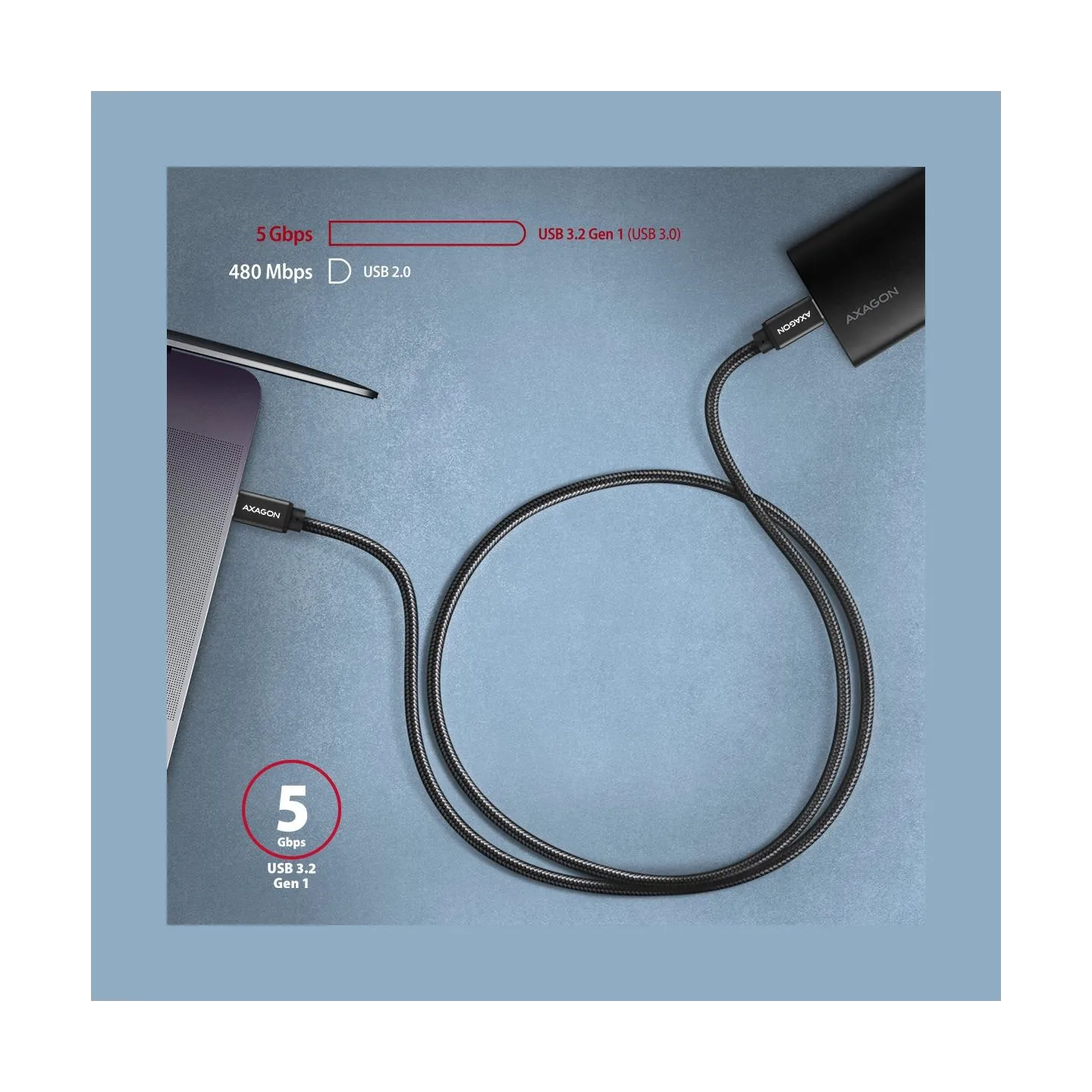 Axagon Data and charging USB 3.2 Gen 1 cable length 1 m. PD 60W, 3A. Black braided.