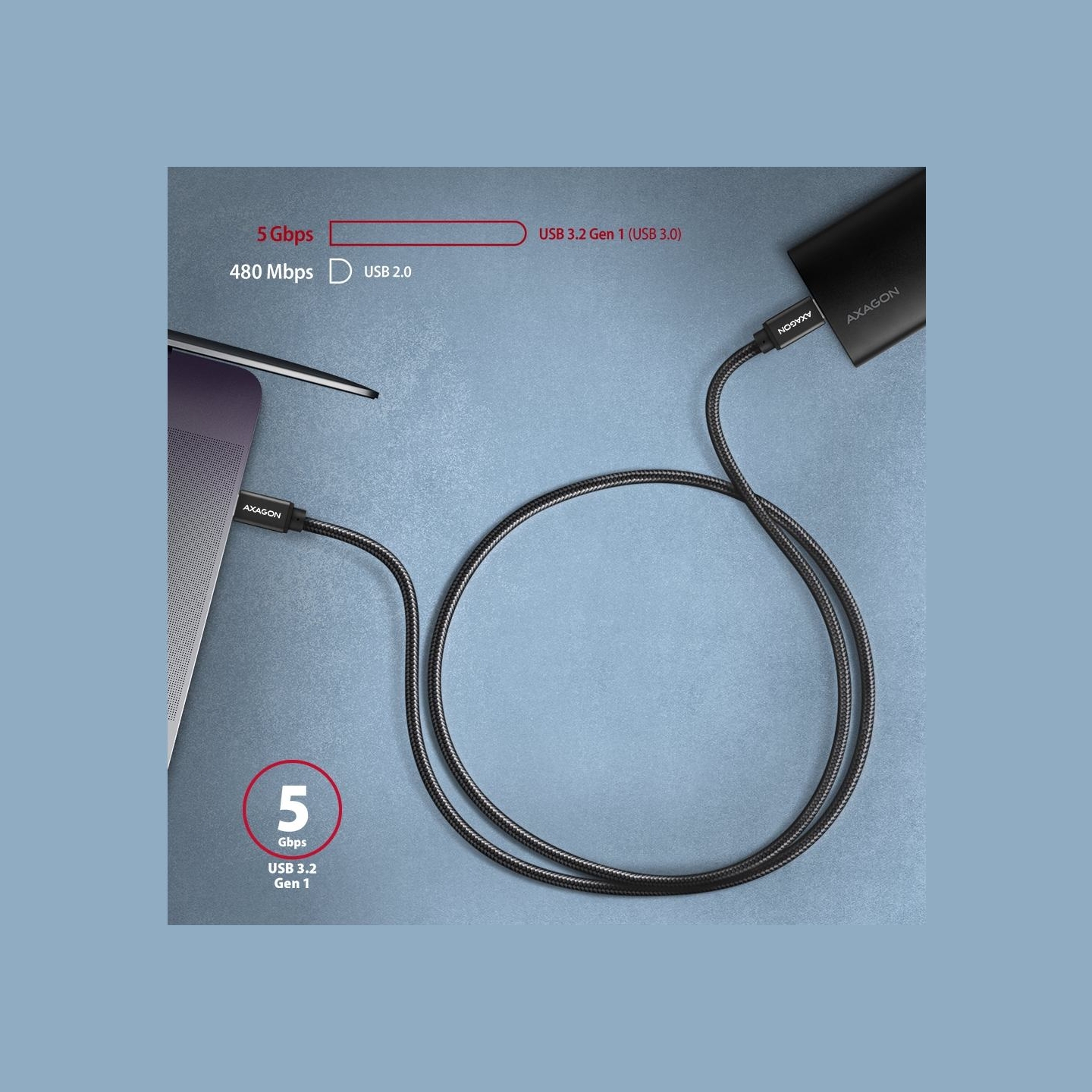 Axagon Data and charging USB 3.2 Gen 1 cable length 1.5 m. PD 60W, 3A. Black braided.