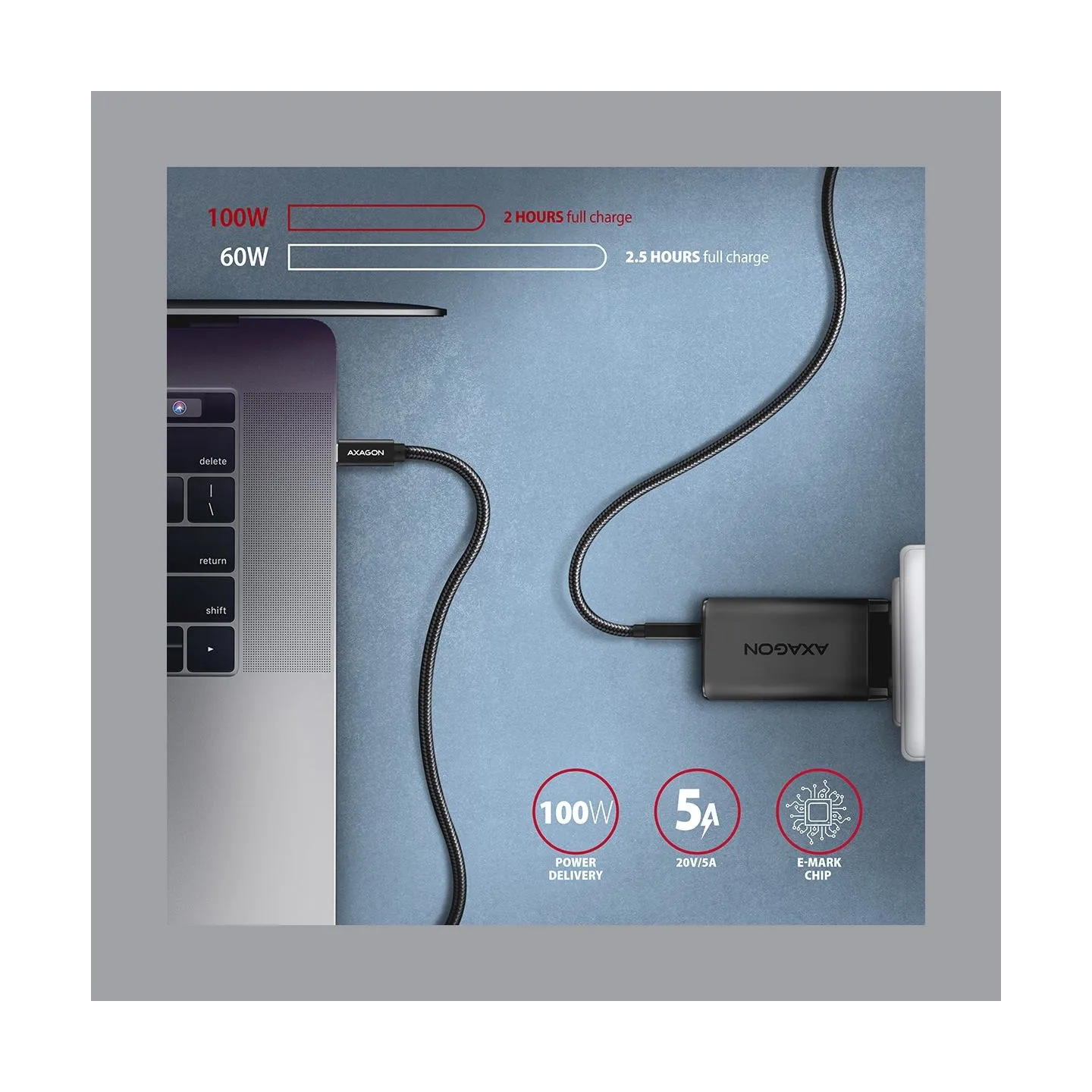 Axagon Data and charging USB 3.2 Gen 2 cable lengh 1 m. PD 100W, 5A, 4K HD video. Black braided.