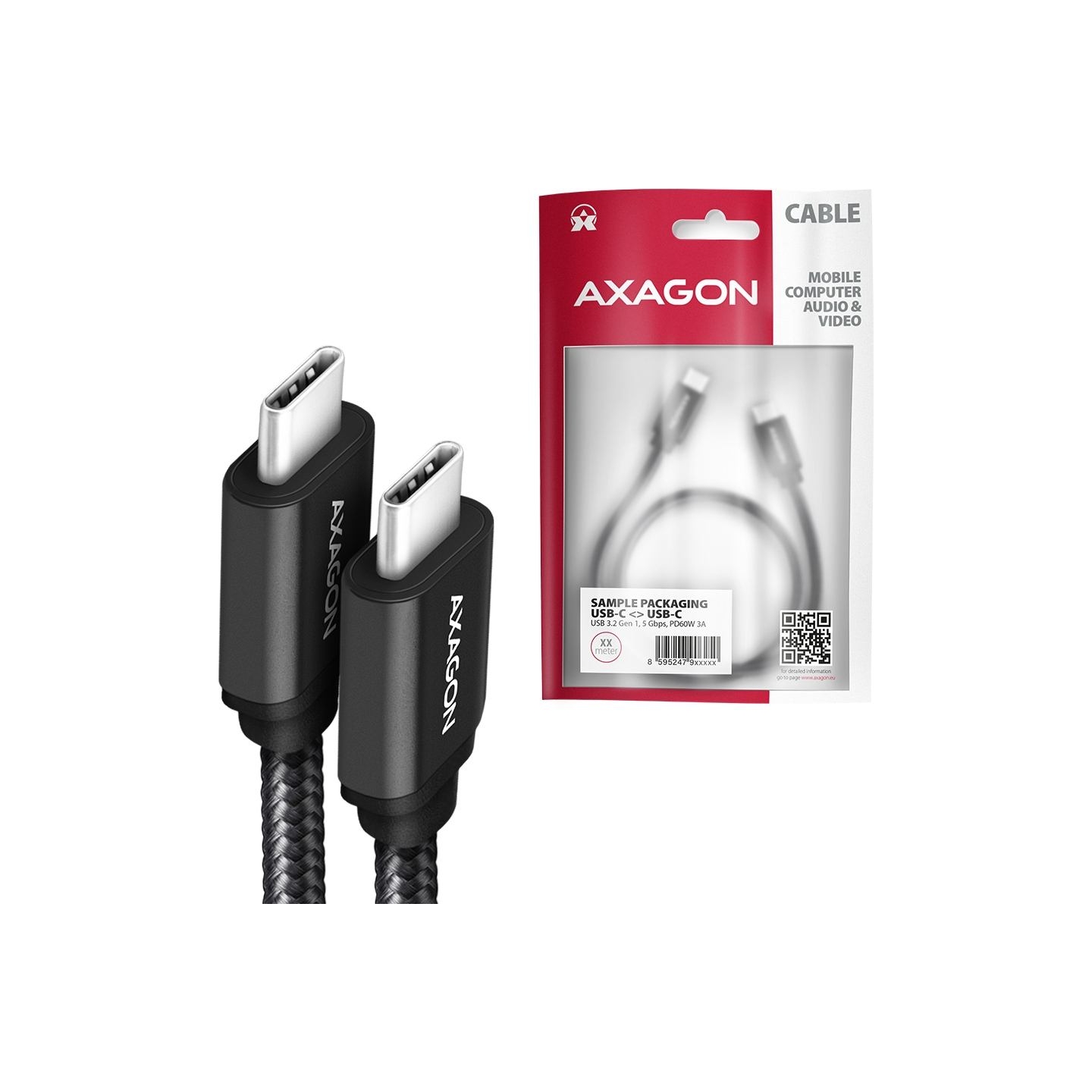 Axagon Data and charging USB 3.2 Gen 1 cable length 2 m. PD 60W, 3A. Black braided.