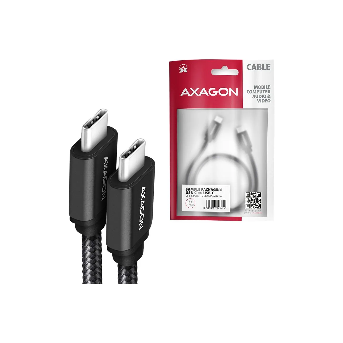 Axagon Data and charging USB 3.2 Gen 1 cable length 2 m. PD 60W, 3A. Black braided.