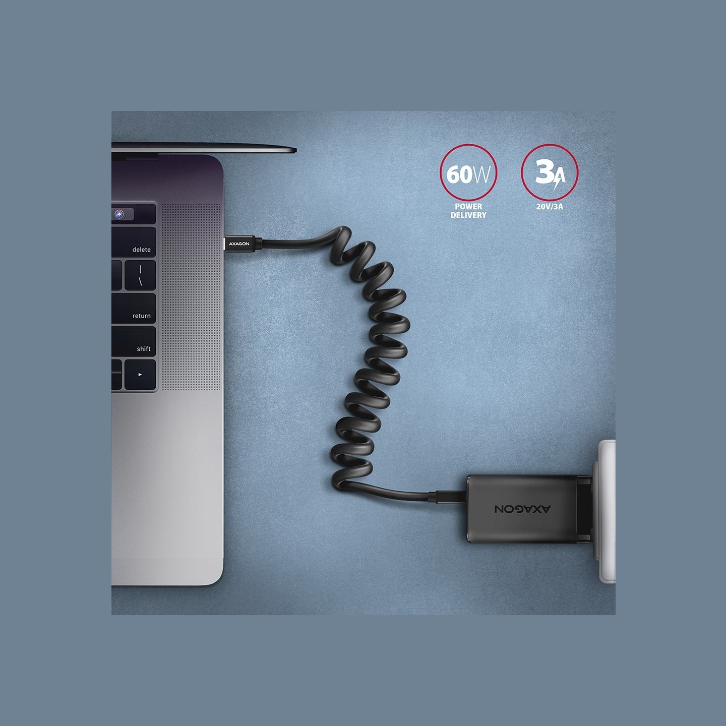 Axagon Data and charging USB 2.0 cable lengh 0.6 m. PD 60W, 3A. Black twisted.