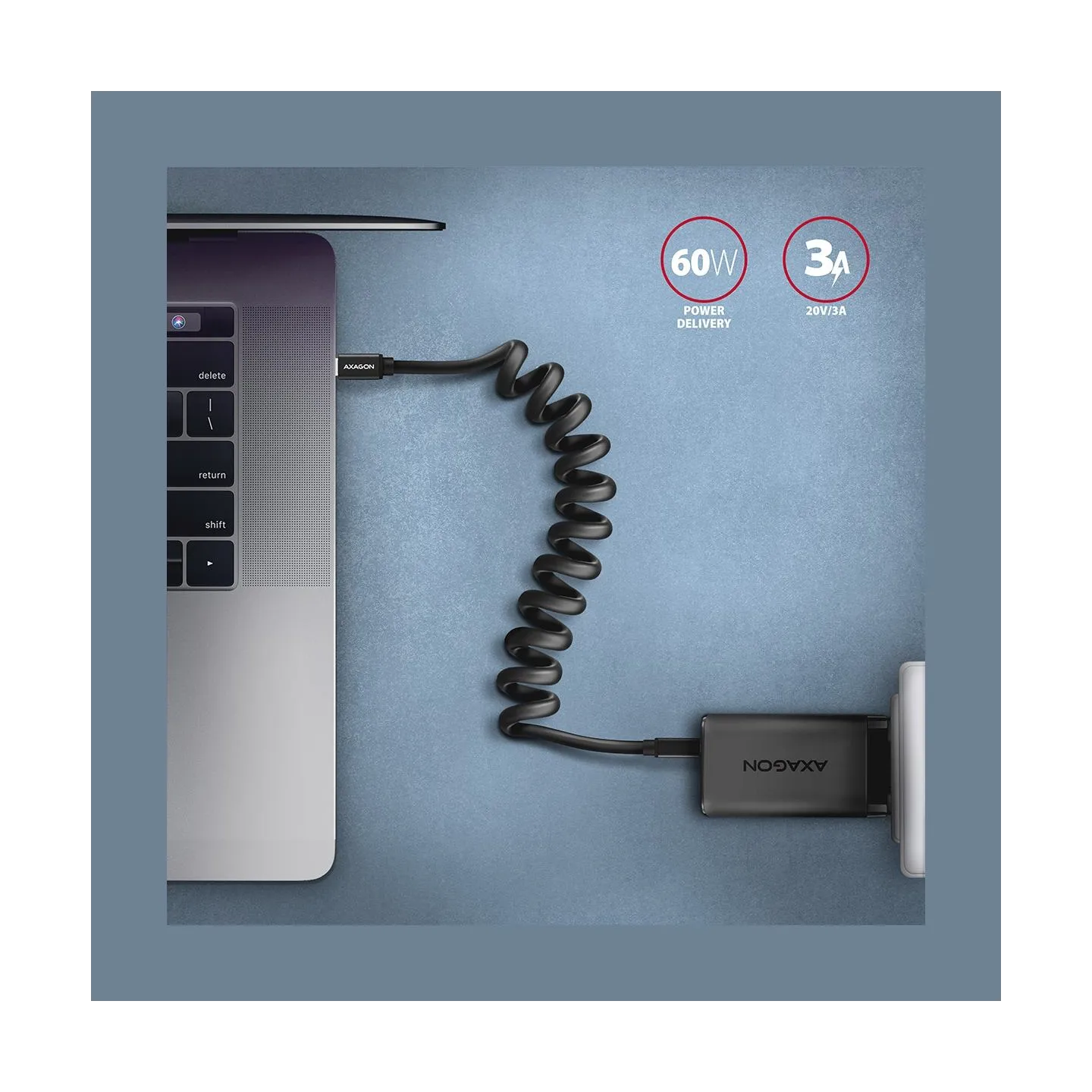 Axagon Data and charging USB 2.0 cable lengh 0.6 m. PD 60W, 3A. Black twisted.
