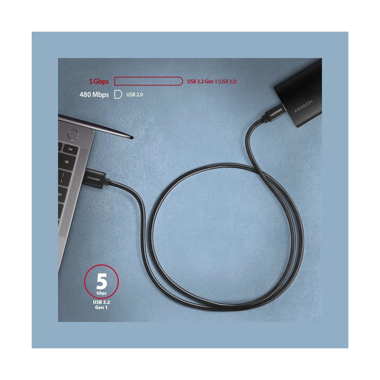Axagon Data and charging USB 3.2 Gen1 cable lengh 1.5 m. 3A. Black braided.