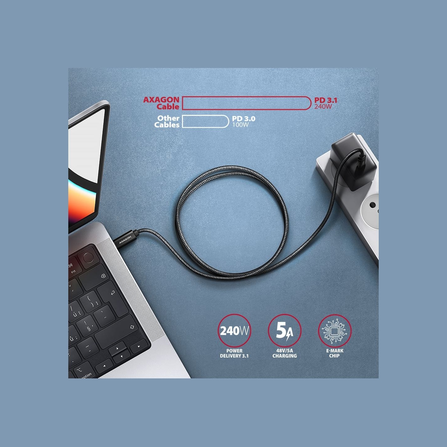 Axagon Data and charging USB 480Mbps cable length 2 m. PD 240W, 5A. Black braided.