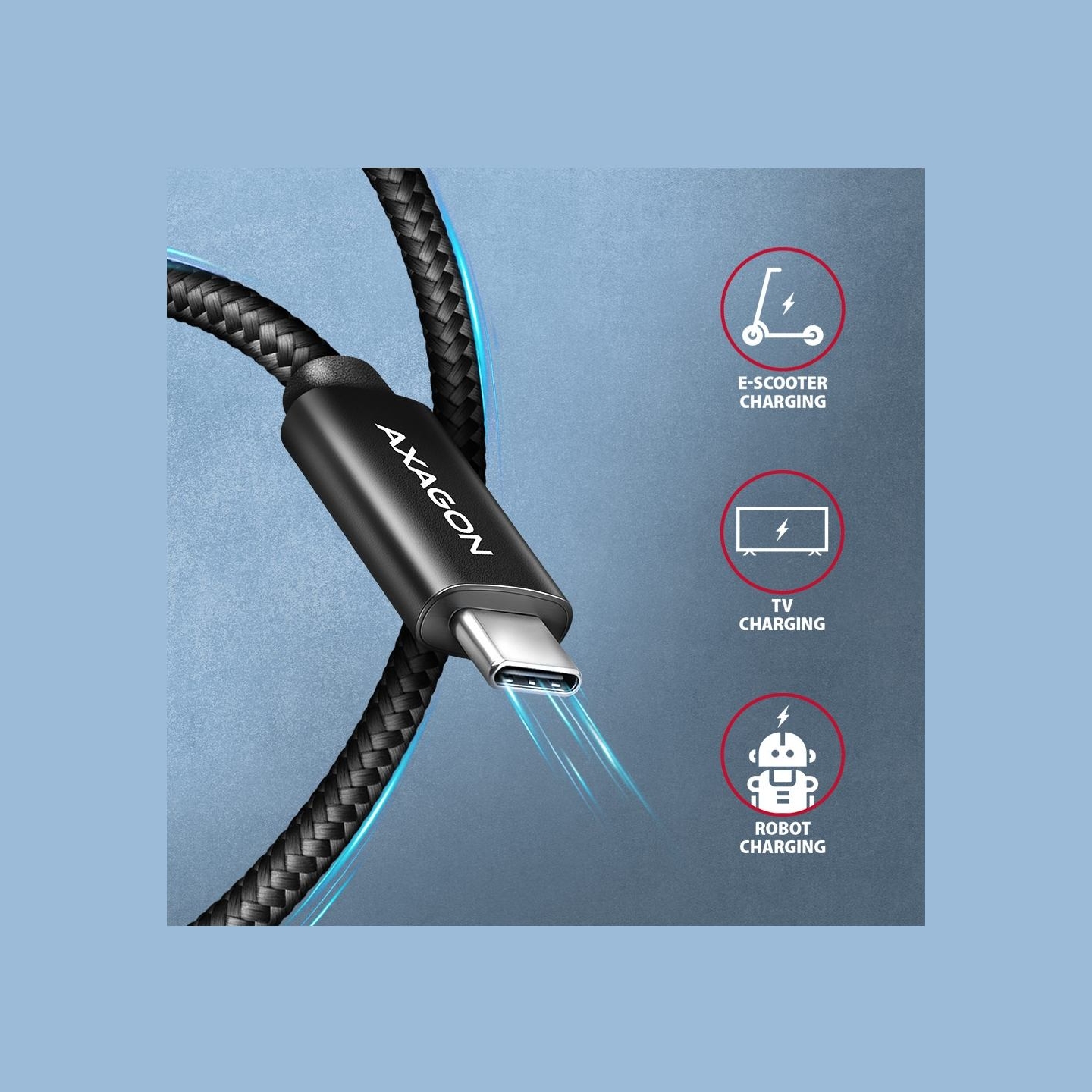 Axagon Data and charging USB 480Mbps cable length 2 m. PD 240W, 5A. Black braided.