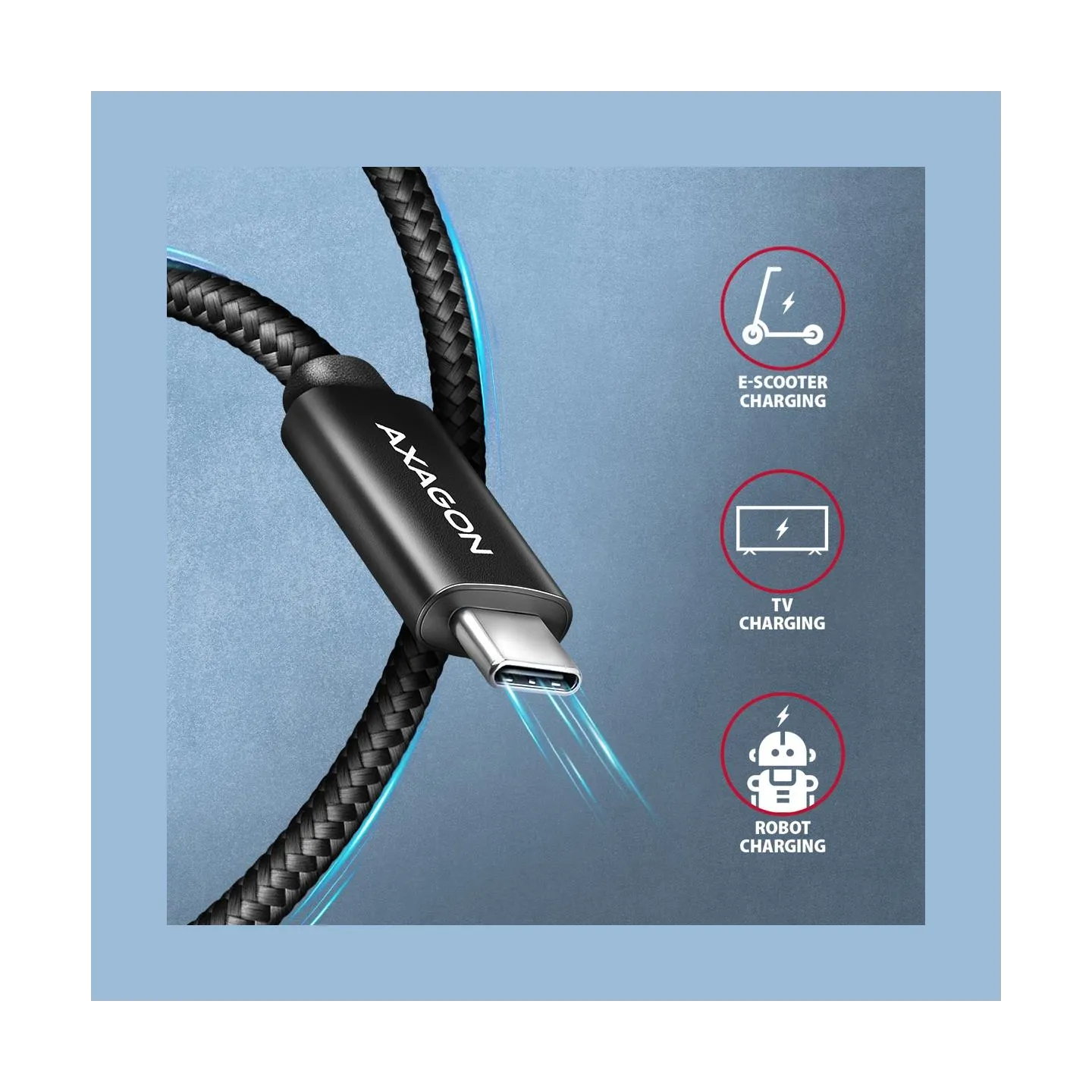 Axagon Data and charging USB 480Mbps cable length 2 m. PD 240W, 5A. Black braided.