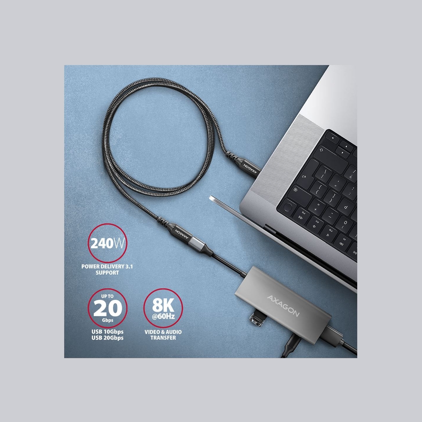 Axagon Extension USB 20Gbps cable length 0.5 m. PD 240W, 5A, 8K HD video. Black braided.