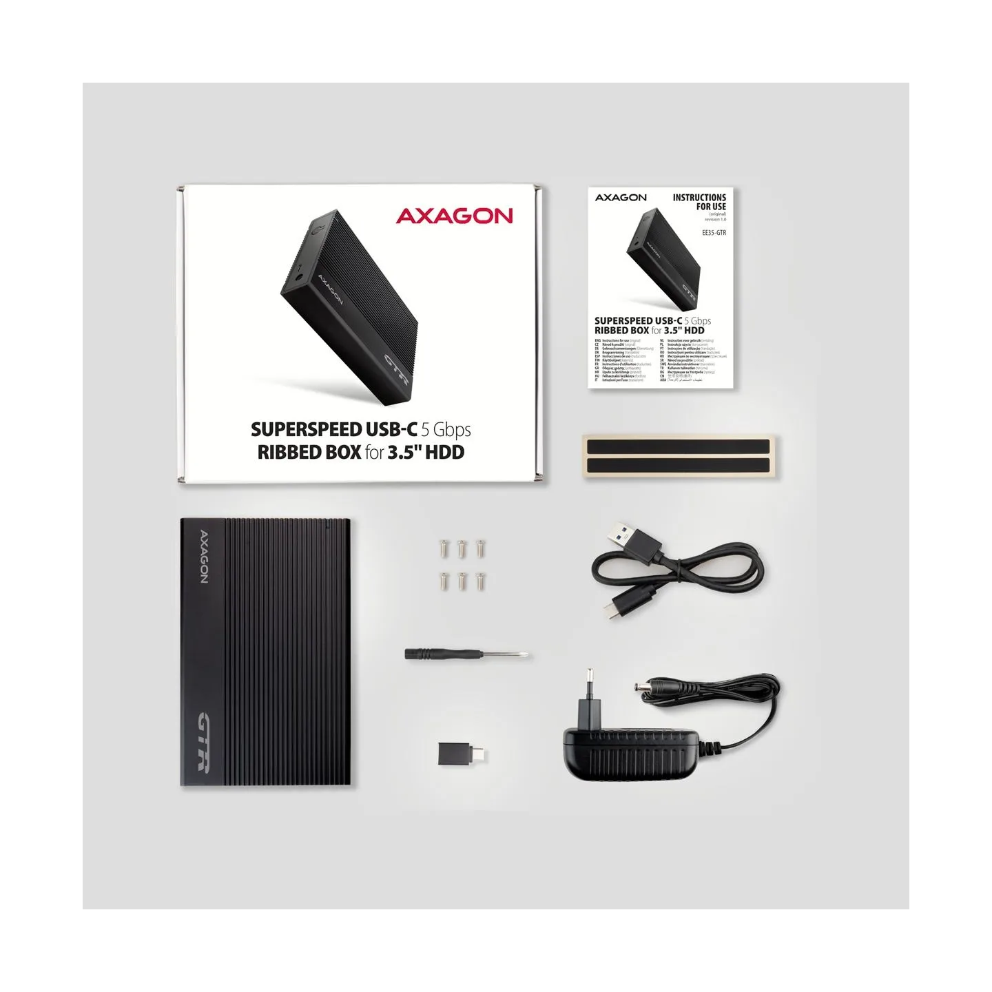 Axagon EE35-GTR USB-C 3.2 Gen 1 - SATA 6G, 3.5" External RIBBED box BLACK