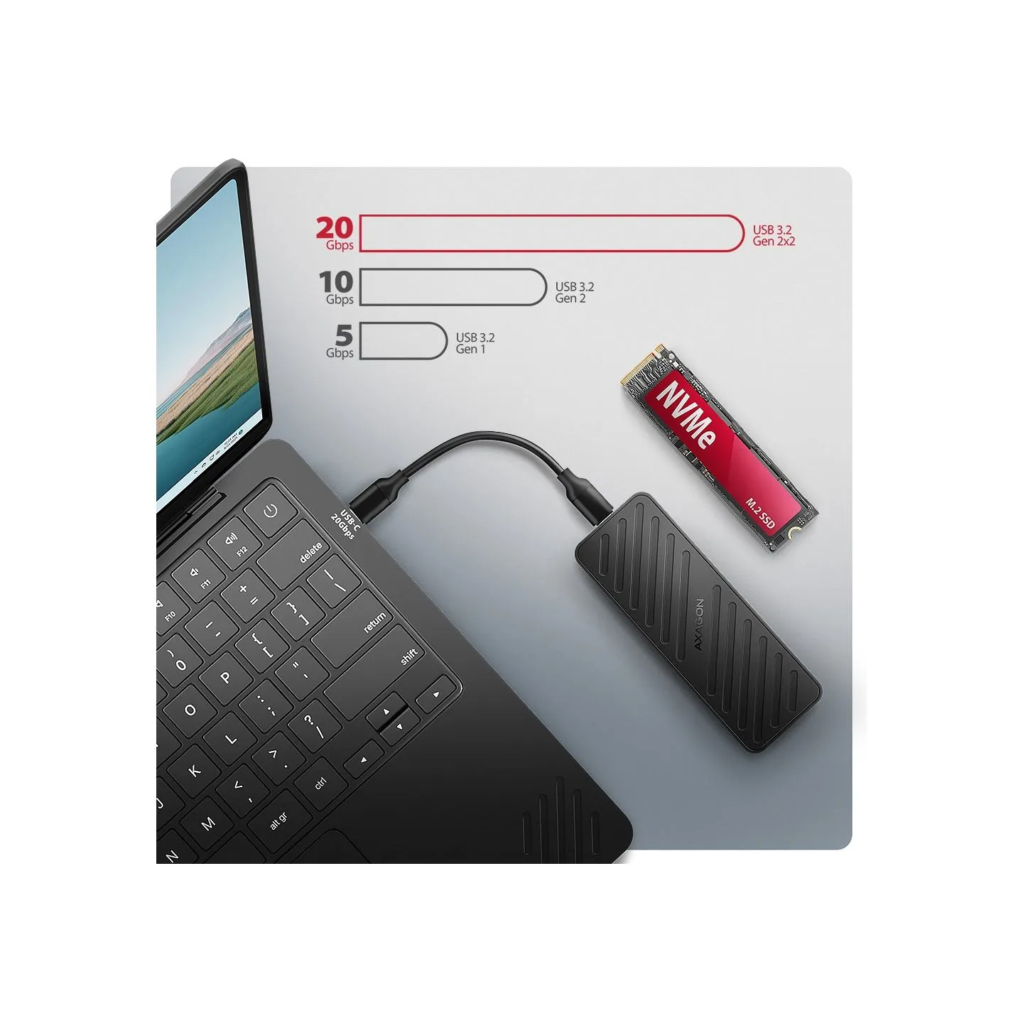 Axagon EEM2-20G USB-C 3.2 Gen 2x2 20Gbps - M.2 NVMe SSD ARMORED 30-80mm ALU box