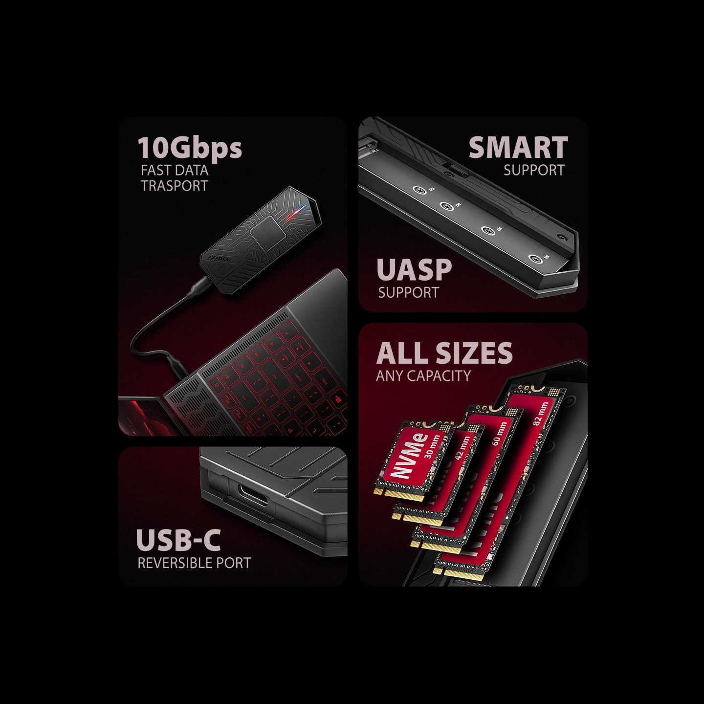 Axagon EEM2-GAM USB-C 3.2 Gen 2 10Gbps - M.2 NVMe/SATA SSD GAME 30-80mm ALU box