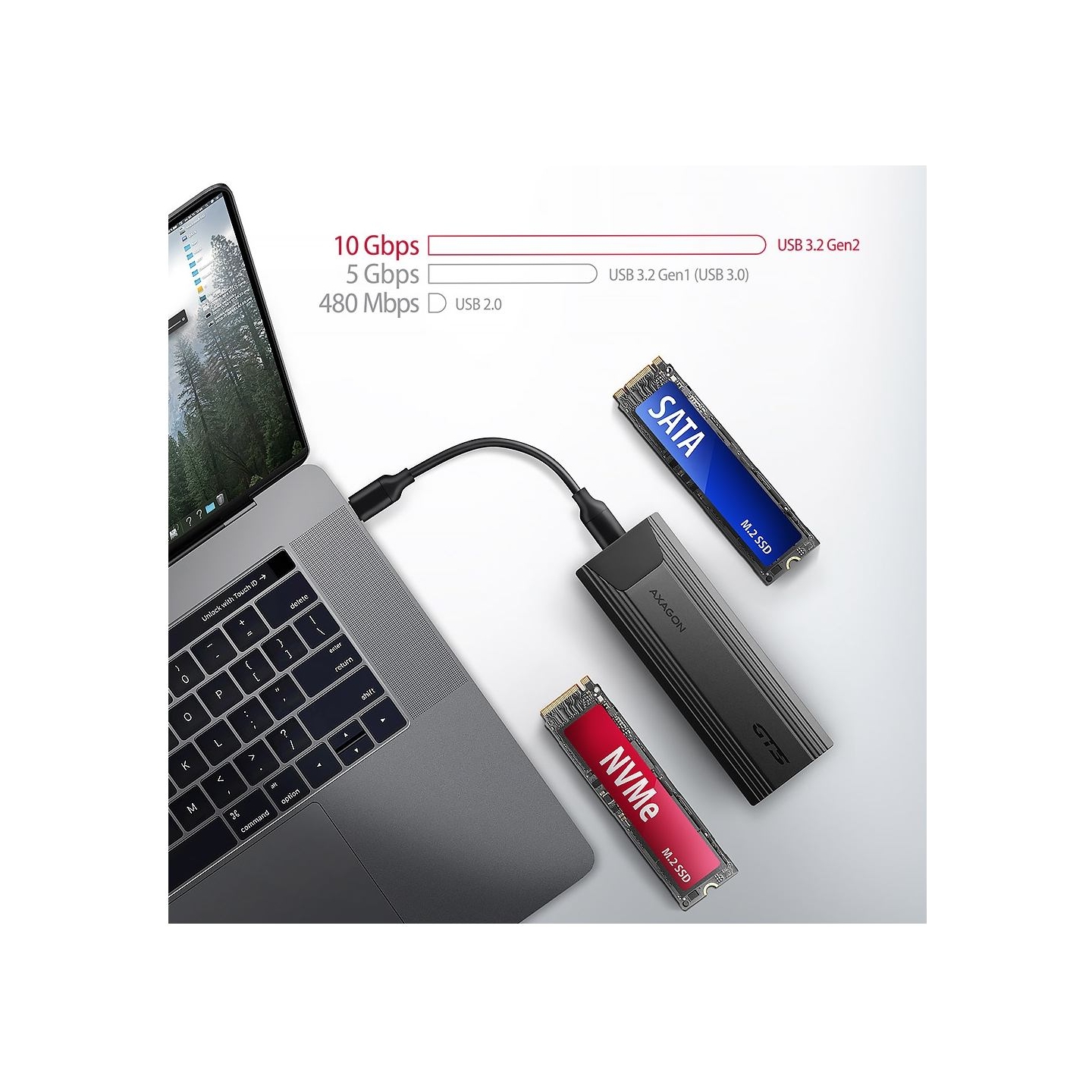 Axagon EEM2-GTS2 USB-C 3.2 Gen 2 - M.2 NVMe / SATA SSD THIN SCREWLESS 30-80mm ALU box