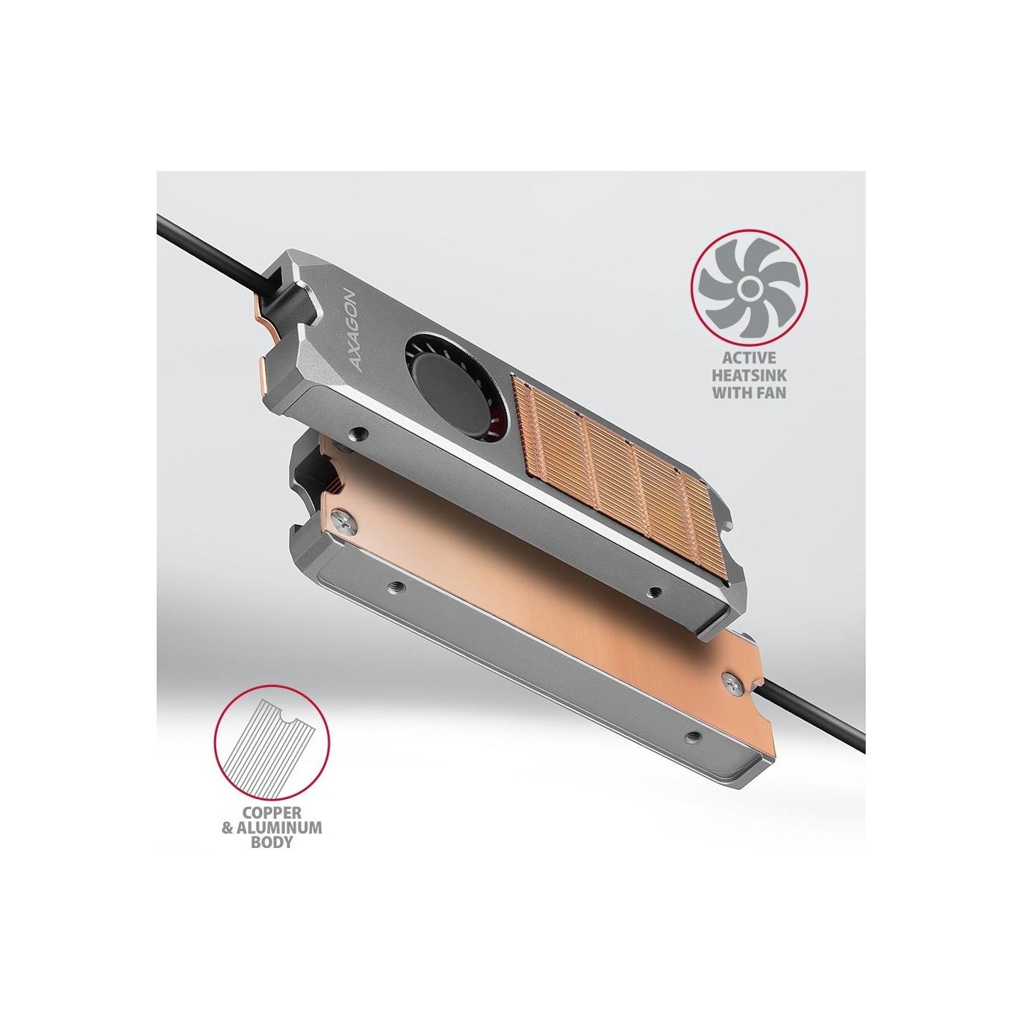 Axagon CLR-M2FAN active fan - M.2 SSD, 80mm SSD, copper body, silicone thermal pads, height 13mm