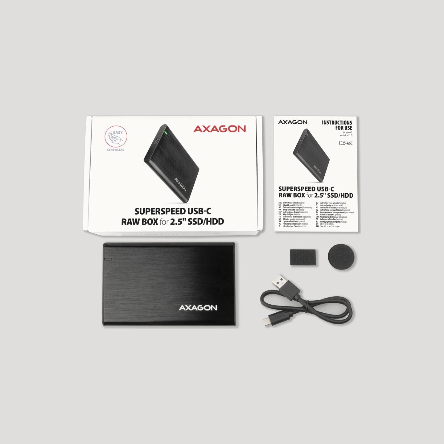 Axagon EE25-A6C USB-C 3.2 Gen 1 - SATA 6G 2.5" External SCREWLESS ALU RAW box BLACK